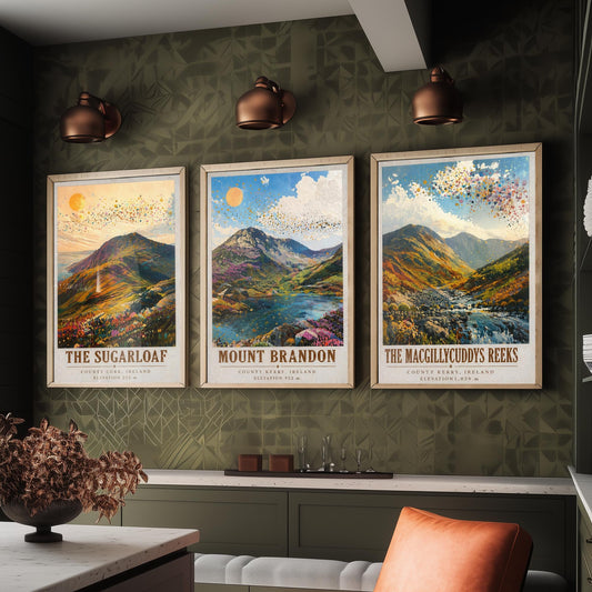 Set of Three Ireland Mountain Prints - Sugarloaf Mount Brandon MacGillycuddys Reeks - 3 Landscape Painting Posters Wall Art Gift Kerry