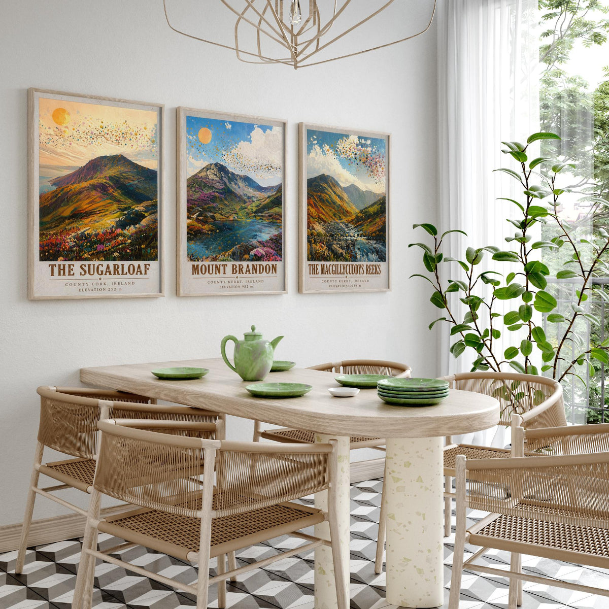 Set of Three Ireland Mountain Prints - Sugarloaf Mount Brandon MacGillycuddys Reeks - 3 Landscape Painting Posters Wall Art Gift Kerry