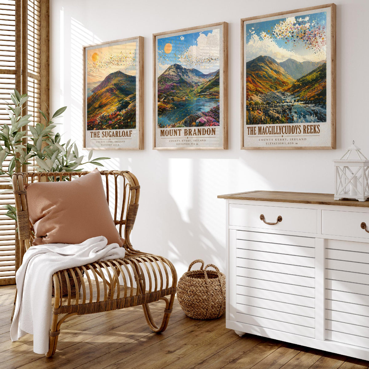 Set of Three Ireland Mountain Prints - Sugarloaf Mount Brandon MacGillycuddys Reeks - 3 Landscape Painting Posters Wall Art Gift Kerry