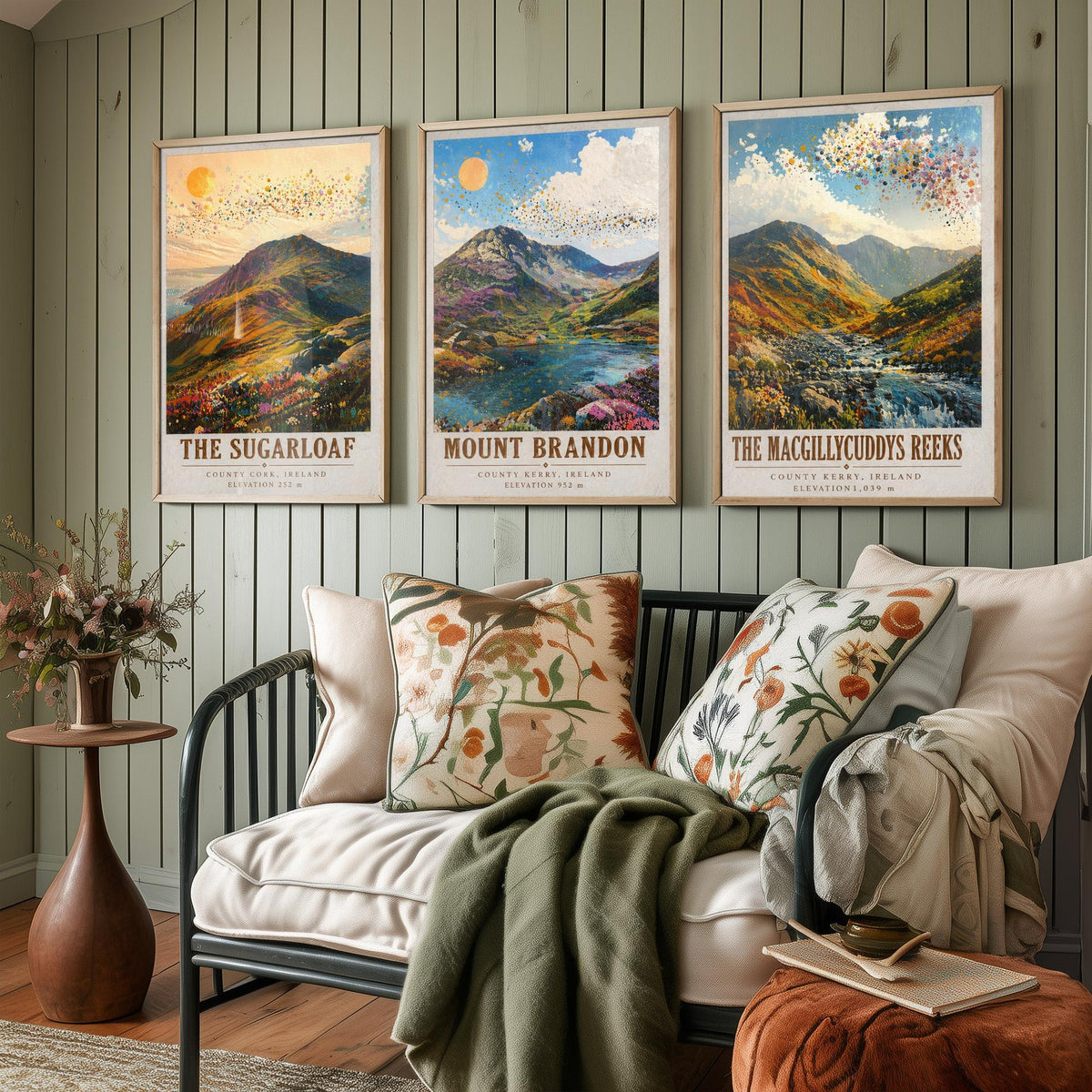 Set of Three Ireland Mountain Prints - Sugarloaf Mount Brandon MacGillycuddys Reeks - 3 Landscape Painting Posters Wall Art Gift Kerry