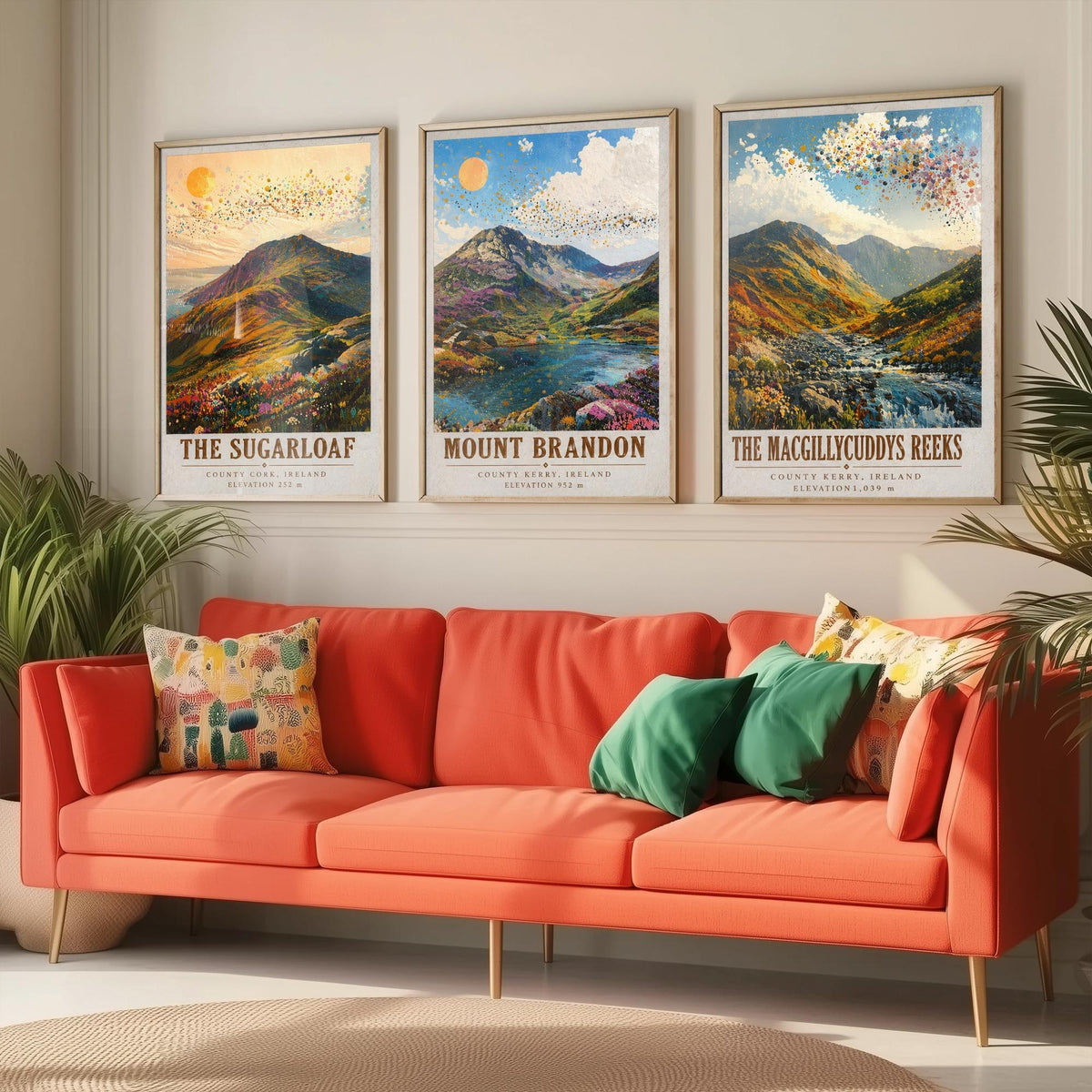 Set of Three Ireland Mountain Prints - Sugarloaf Mount Brandon MacGillycuddys Reeks - 3 Landscape Painting Posters Wall Art Gift Kerry