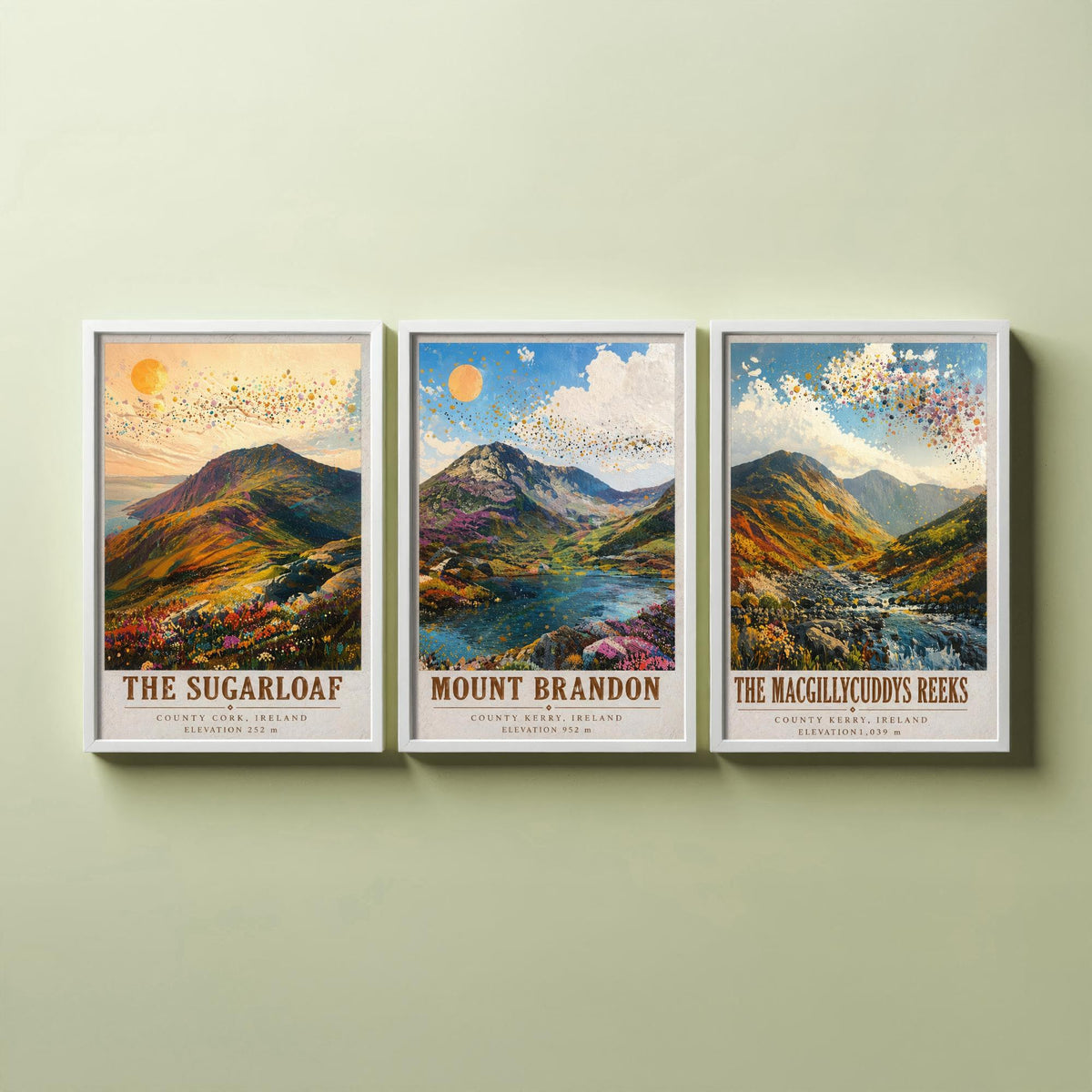 Set of Three Ireland Mountain Prints - Sugarloaf Mount Brandon MacGillycuddys Reeks - 3 Landscape Painting Posters Wall Art Gift Kerry
