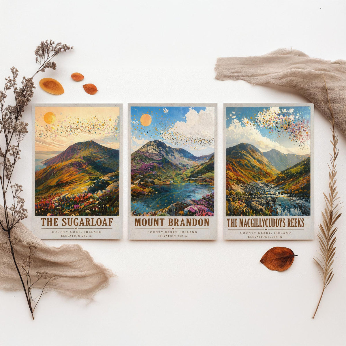 Set of Three Ireland Mountain Prints - Sugarloaf Mount Brandon MacGillycuddys Reeks - 3 Landscape Painting Posters Wall Art Gift Kerry