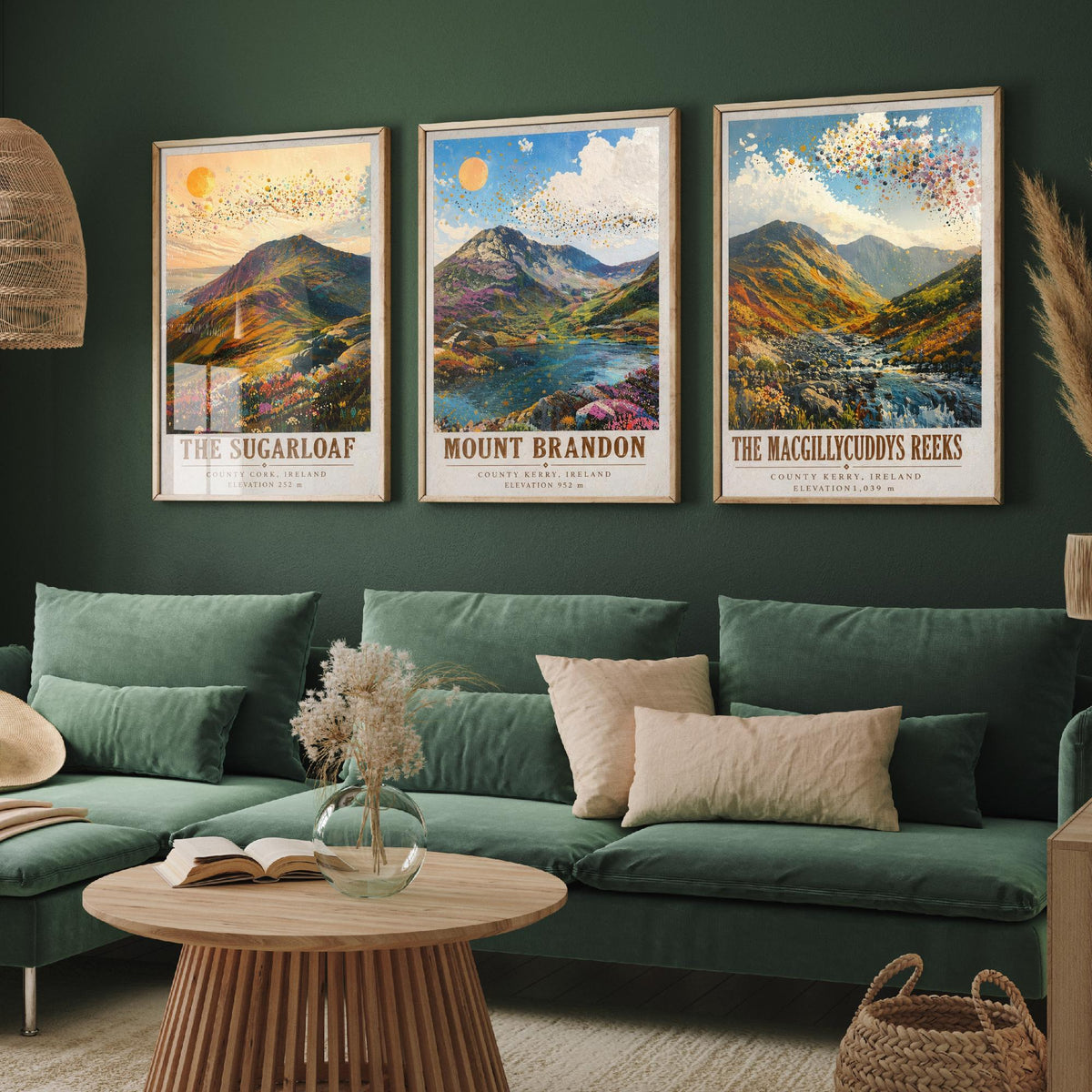 Set of Three Ireland Mountain Prints - Sugarloaf Mount Brandon MacGillycuddys Reeks - 3 Landscape Painting Posters Wall Art Gift Kerry