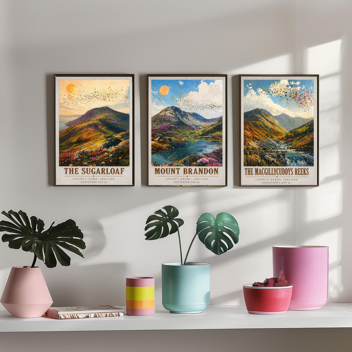 Set of Three Ireland Mountain Prints - Sugarloaf Mount Brandon MacGillycuddys Reeks - 3 Landscape Painting Posters Wall Art Gift Kerry