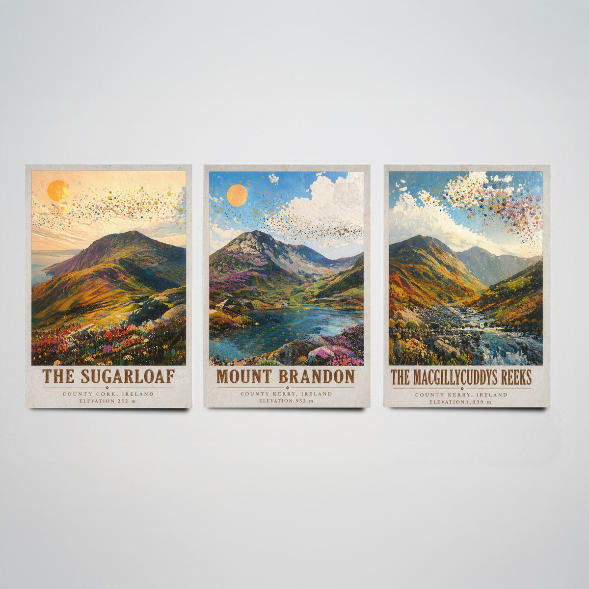 Set of Three Ireland Mountain Prints - Sugarloaf Mount Brandon MacGillycuddys Reeks - 3 Landscape Painting Posters Wall Art Gift Kerry
