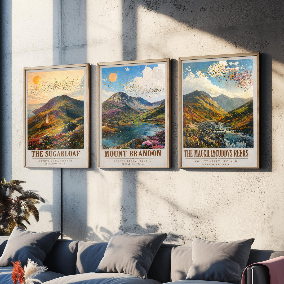 Set of Three Ireland Mountain Prints - Sugarloaf Mount Brandon MacGillycuddys Reeks - 3 Landscape Painting Posters Wall Art Gift Kerry