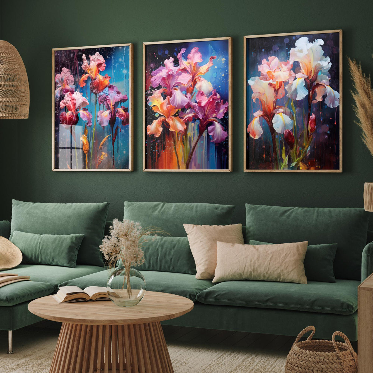 Irises Set of Three Art Prints - Pink, Magenta and White Blooms on Navy - Abstract Floral Painting Poster