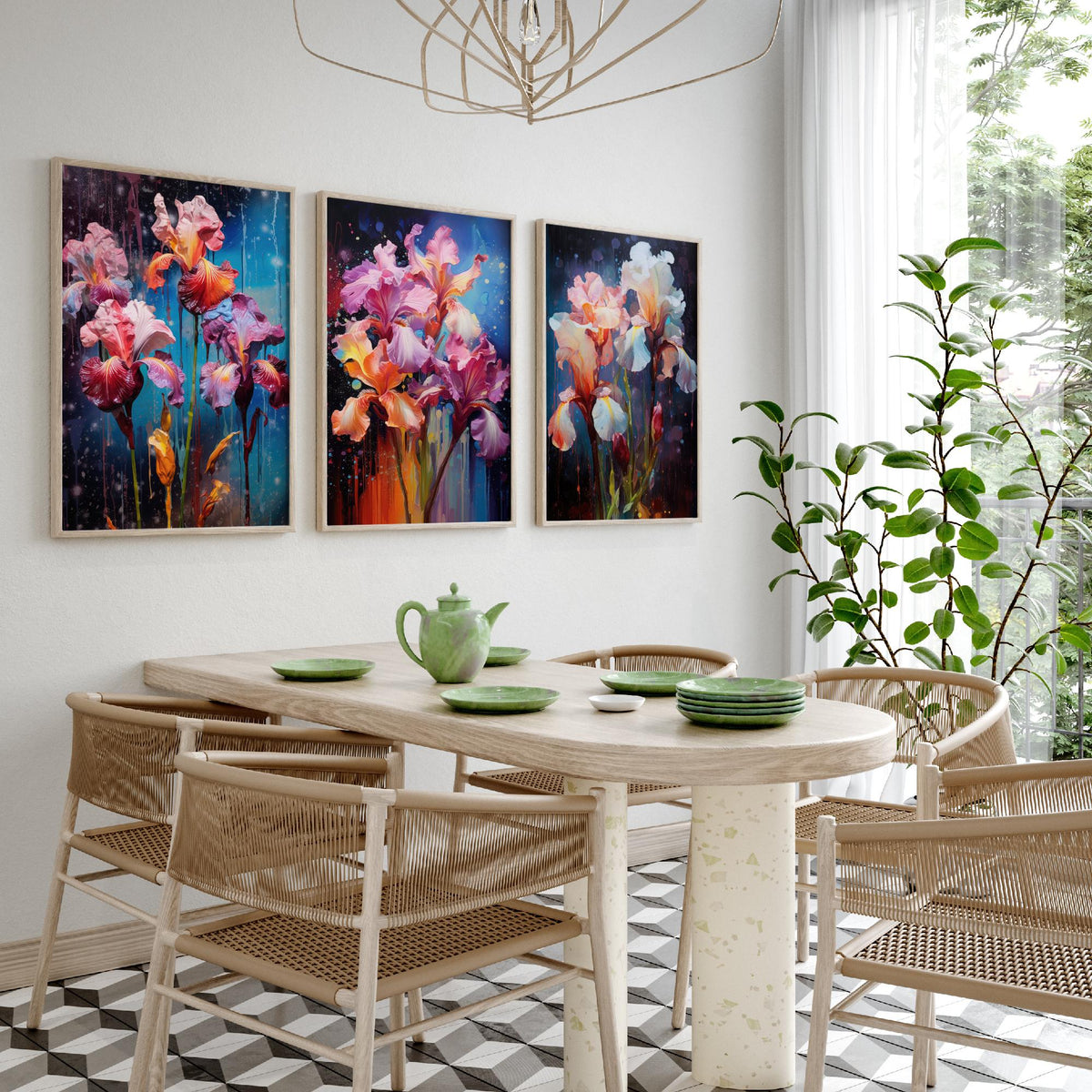 Irises Set of Three Art Prints - Pink, Magenta and White Blooms on Navy - Abstract Floral Painting Poster