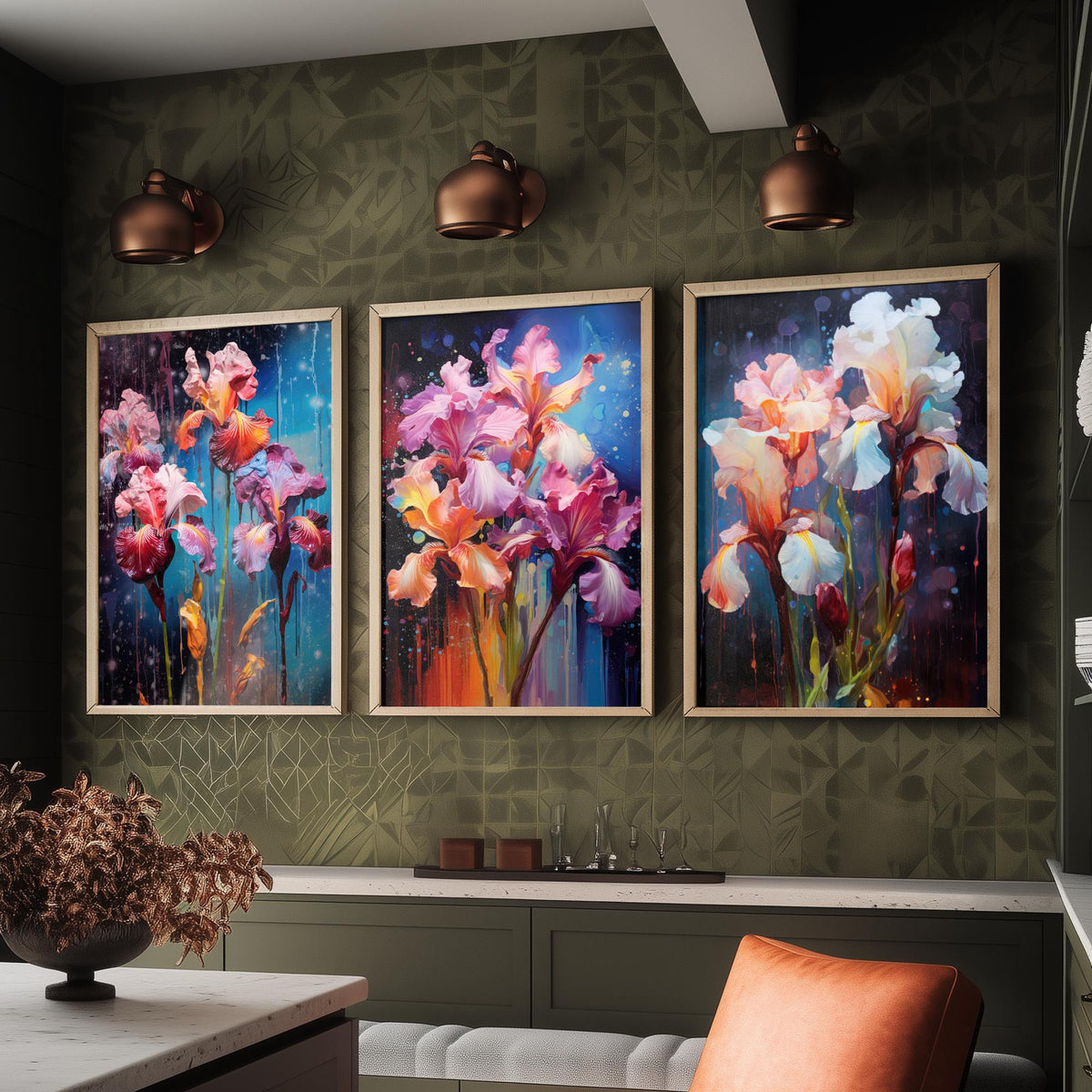 Irises Set of Three Art Prints - Pink, Magenta and White Blooms on Navy - Abstract Floral Painting Poster