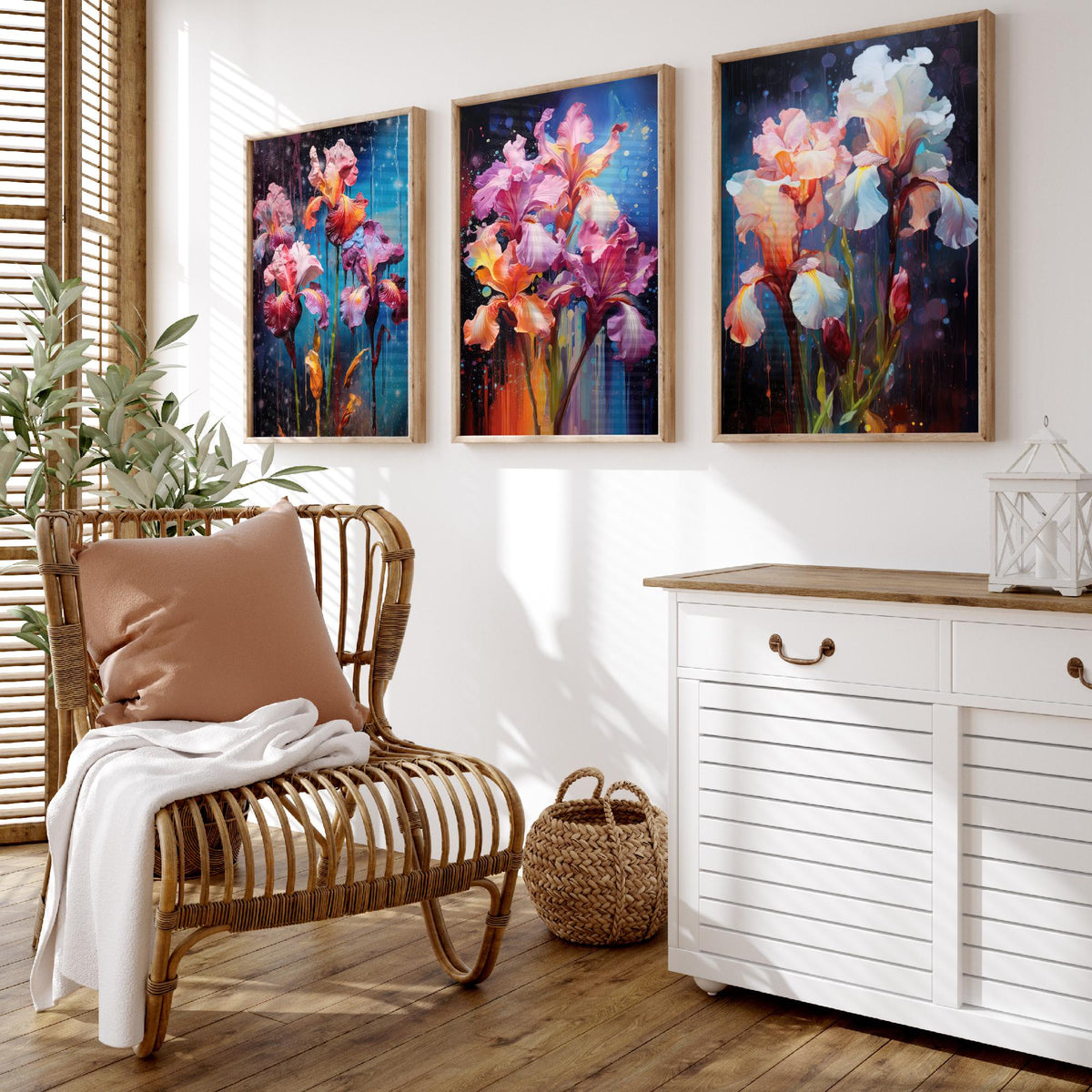 Irises Set of Three Art Prints - Pink, Magenta and White Blooms on Navy - Abstract Floral Painting Poster