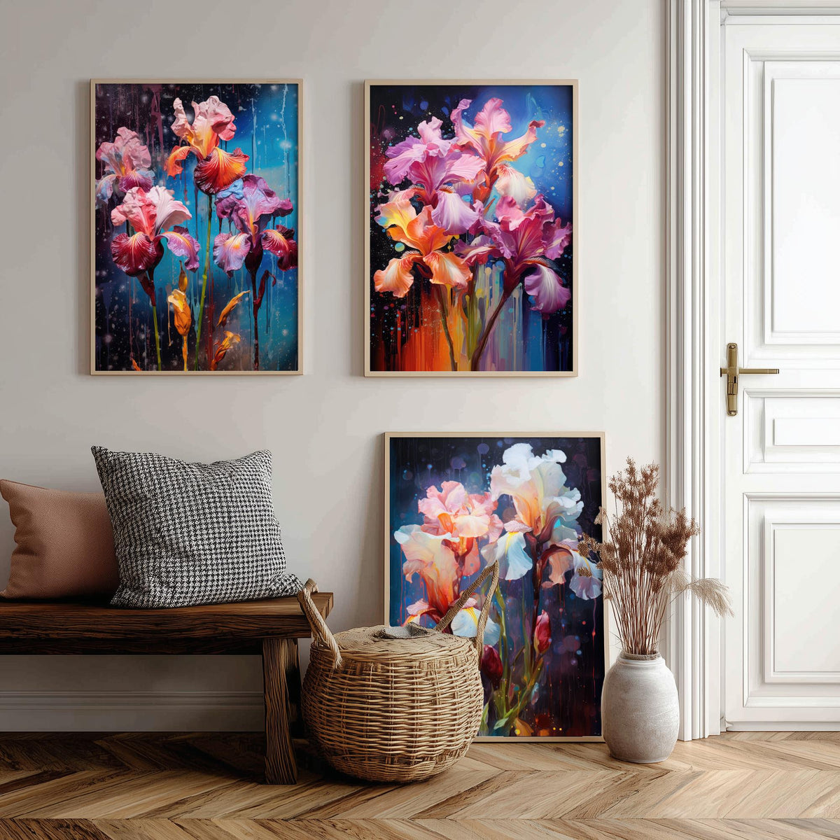 Irises Set of Three Art Prints - Pink, Magenta and White Blooms on Navy - Abstract Floral Painting Poster