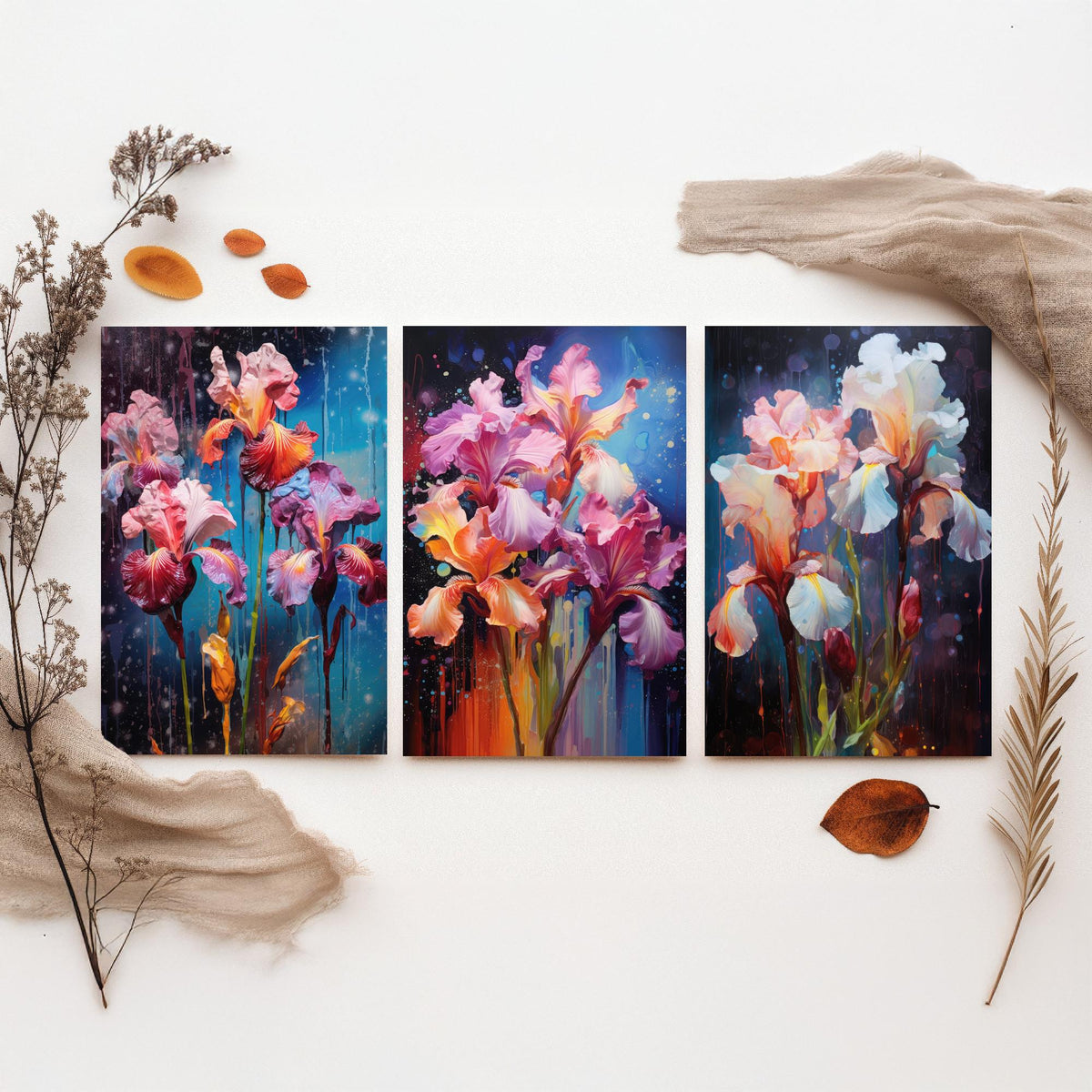 Irises Set of Three Art Prints - Pink, Magenta and White Blooms on Navy - Abstract Floral Painting Poster