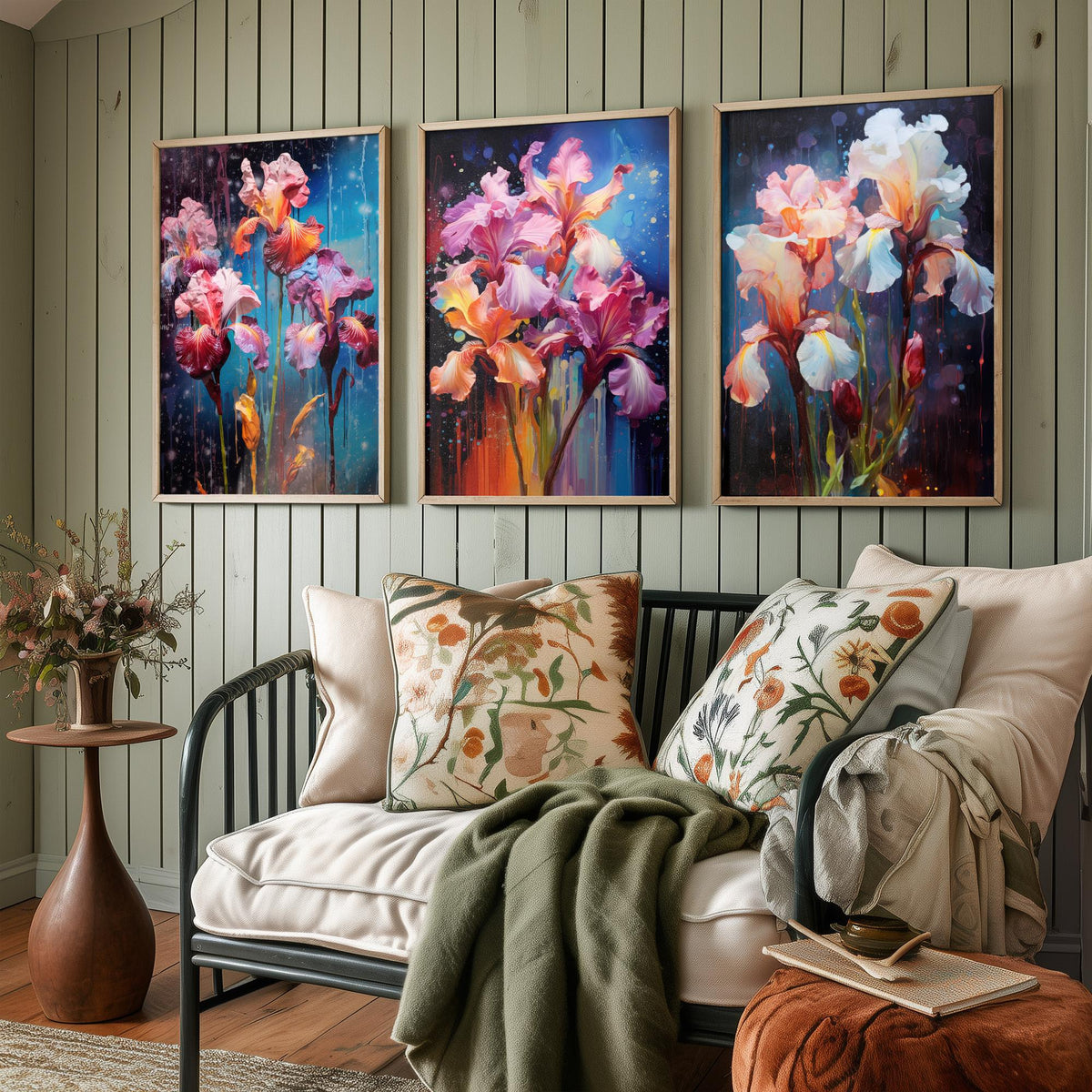 Irises Set of Three Art Prints - Pink, Magenta and White Blooms on Navy - Abstract Floral Painting Poster