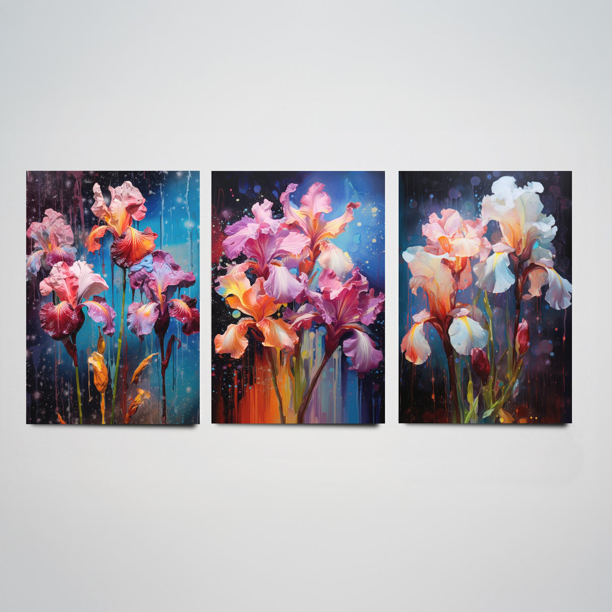 Irises Set of Three Art Prints - Pink, Magenta and White Blooms on Navy - Abstract Floral Painting Poster