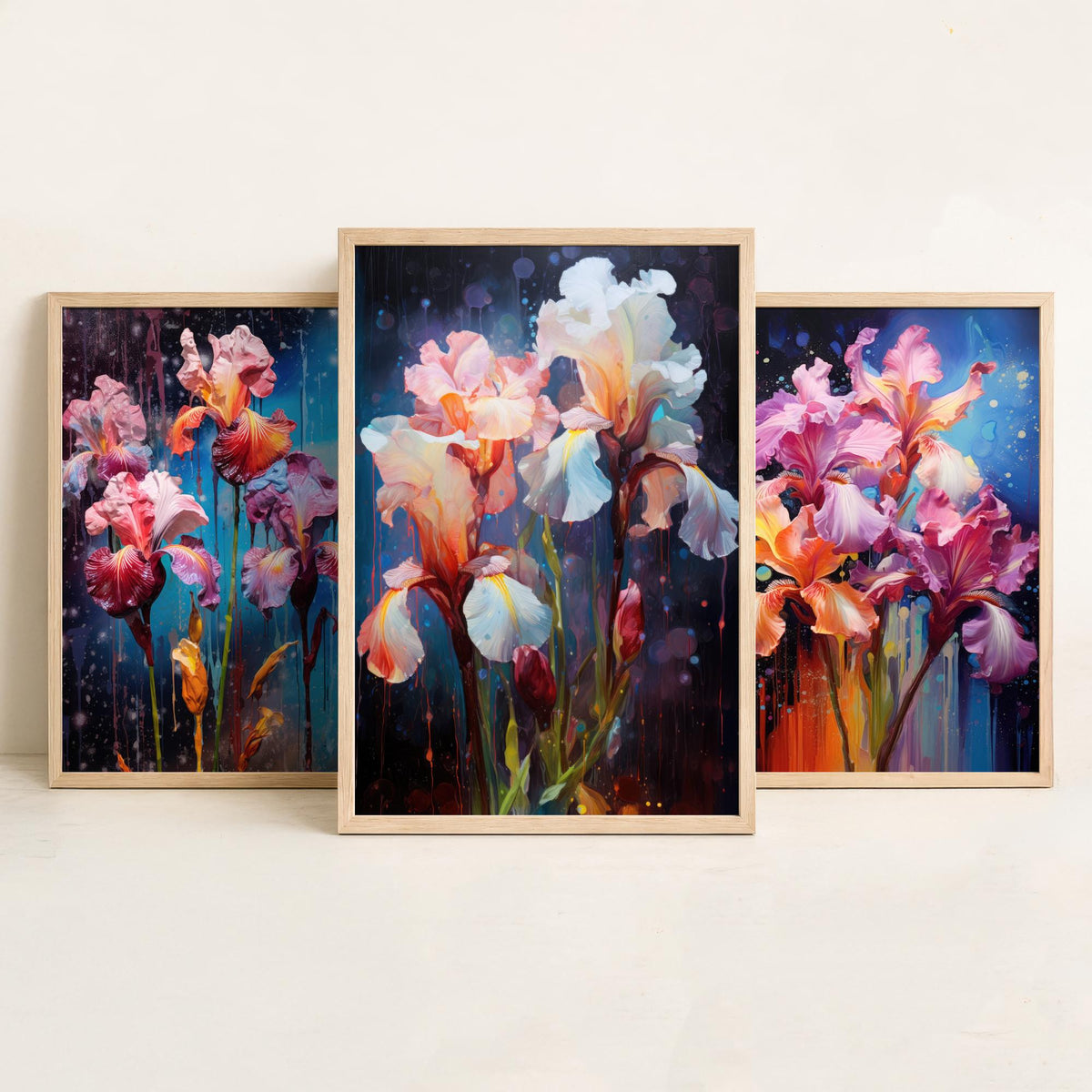 Irises Set of Three Art Prints - Pink, Magenta and White Blooms on Navy - Abstract Floral Painting Poster