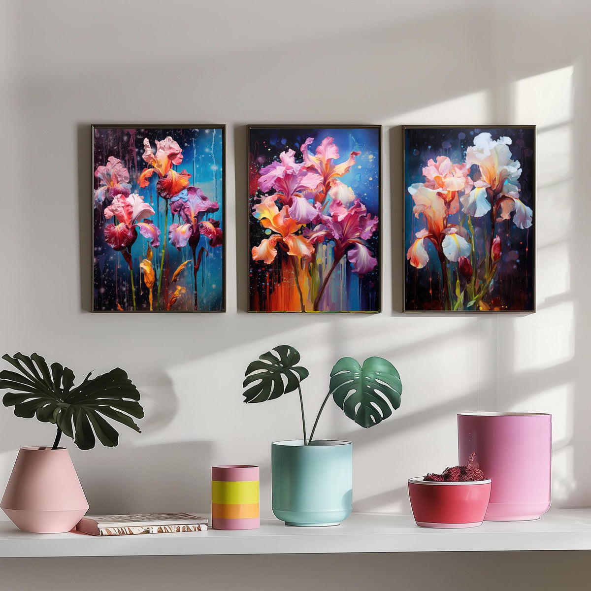 Irises Set of Three Art Prints - Pink, Magenta and White Blooms on Navy - Abstract Floral Painting Poster