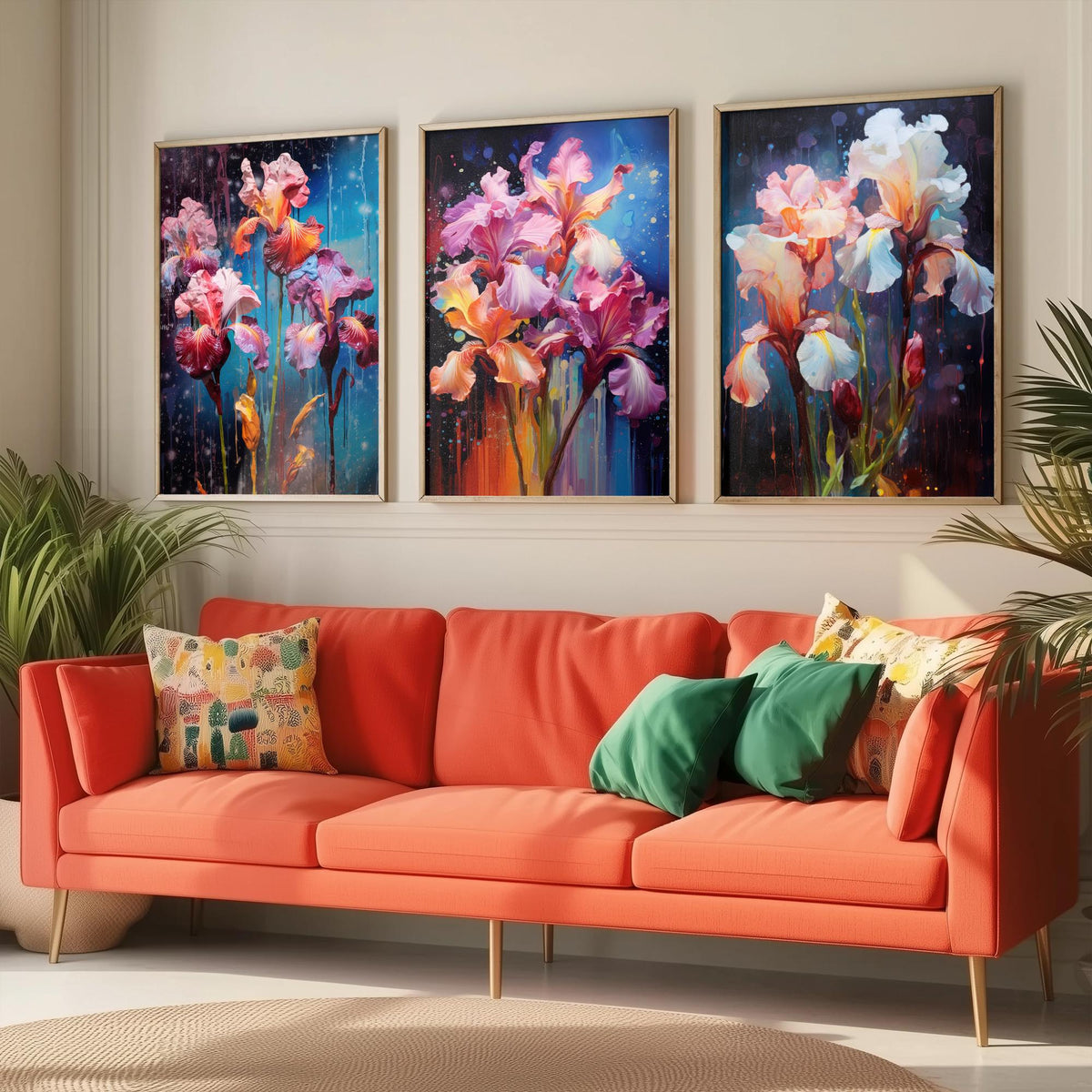Irises Set of Three Art Prints - Pink, Magenta and White Blooms on Navy - Abstract Floral Painting Poster
