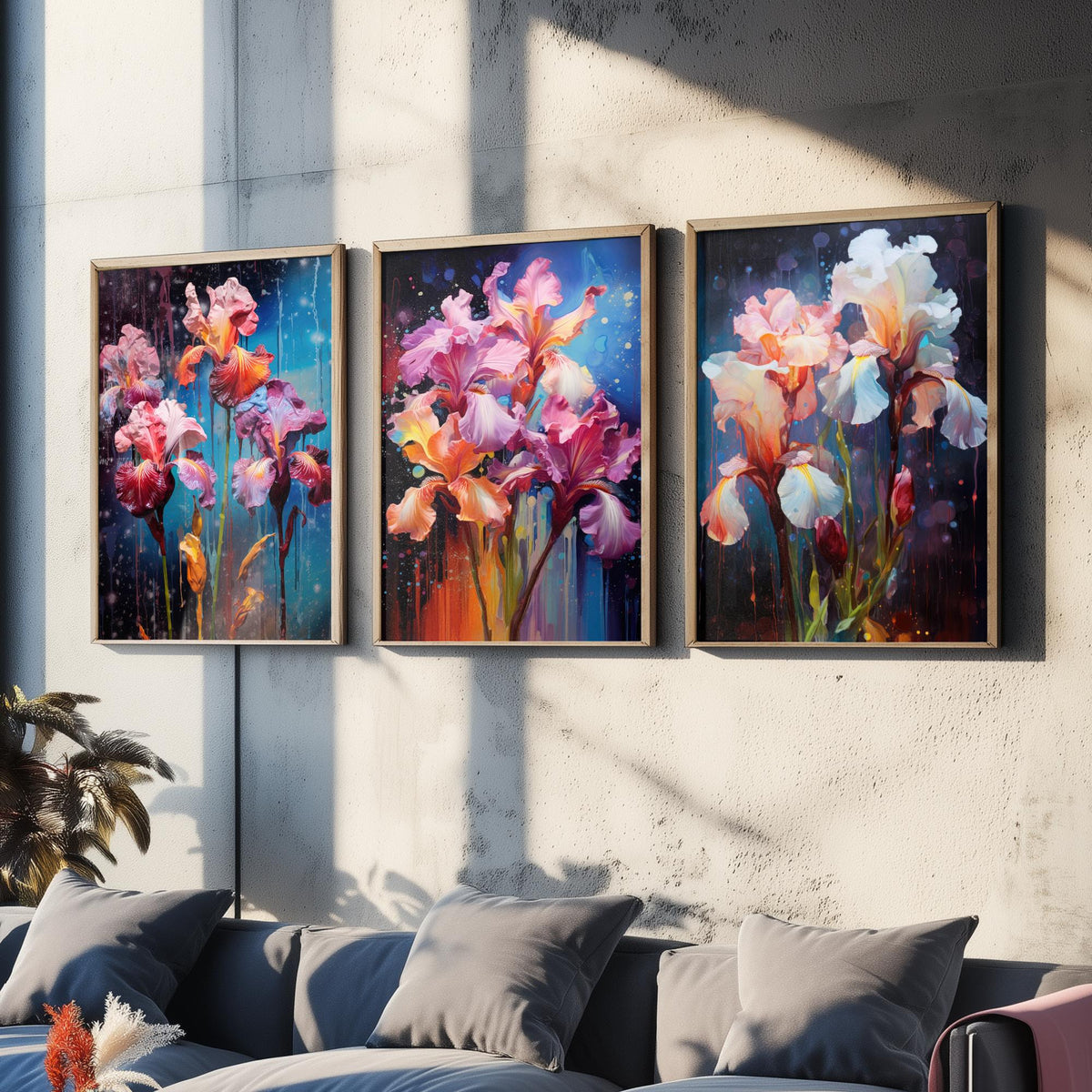 Irises Set of Three Art Prints - Pink, Magenta and White Blooms on Navy - Abstract Floral Painting Poster