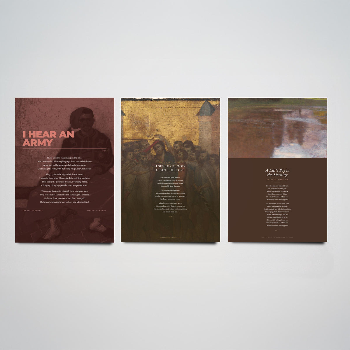 Irish Poems Set of Three Art Prints - I Hear an Army, Blood Upon the Rose, A Little Boy in the Morning - Full Poems over Paintings - Poster