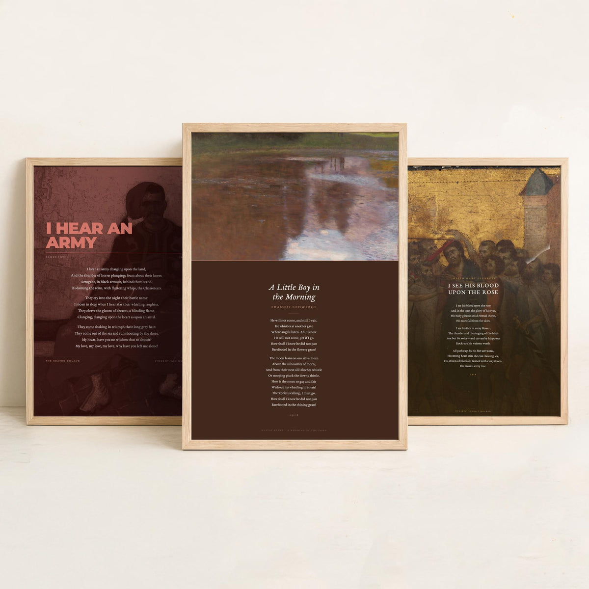 Irish Poems Set of Three Art Prints - I Hear an Army, Blood Upon the Rose, A Little Boy in the Morning - Full Poems over Paintings - Poster
