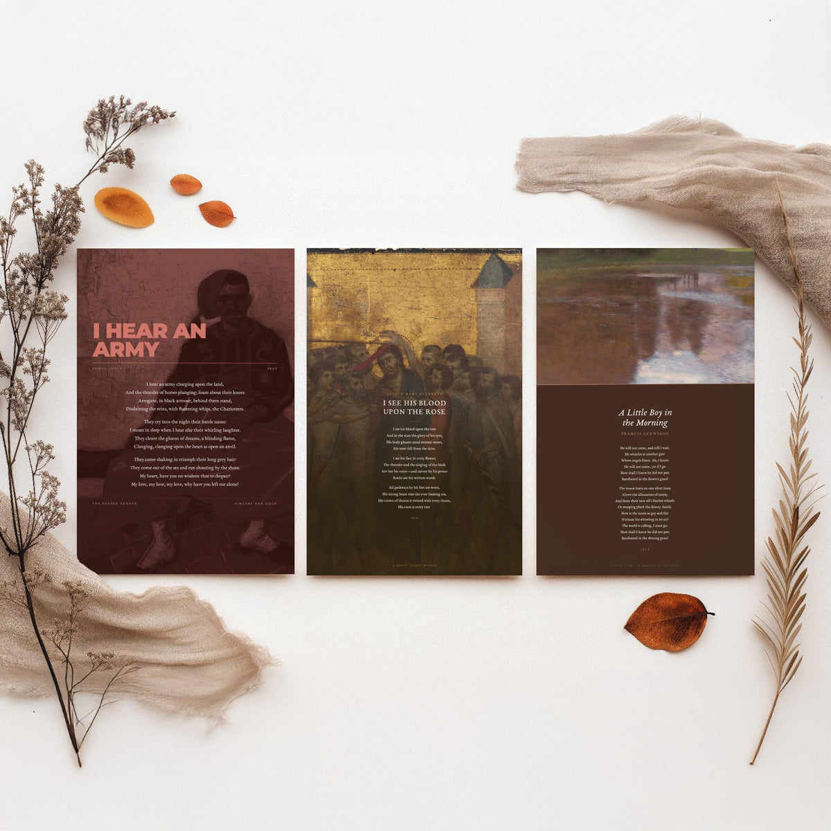 Irish Poems Set of Three Art Prints - I Hear an Army, Blood Upon the Rose, A Little Boy in the Morning - Full Poems over Paintings - Poster
