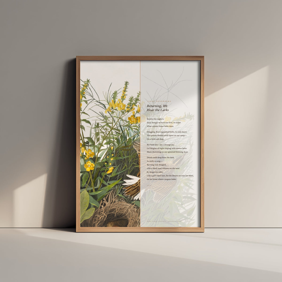 Returning We Hear the Larks by Isaac Rosenberg Art Print - Full Poem beside Audubon Meadow Lark Illustration - War Poetry Poster