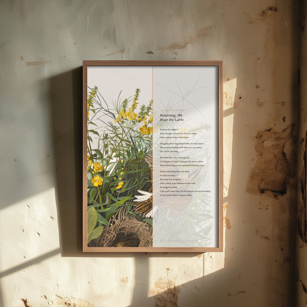 Returning We Hear the Larks by Isaac Rosenberg Art Print - Full Poem beside Audubon Meadow Lark Illustration - War Poetry Poster