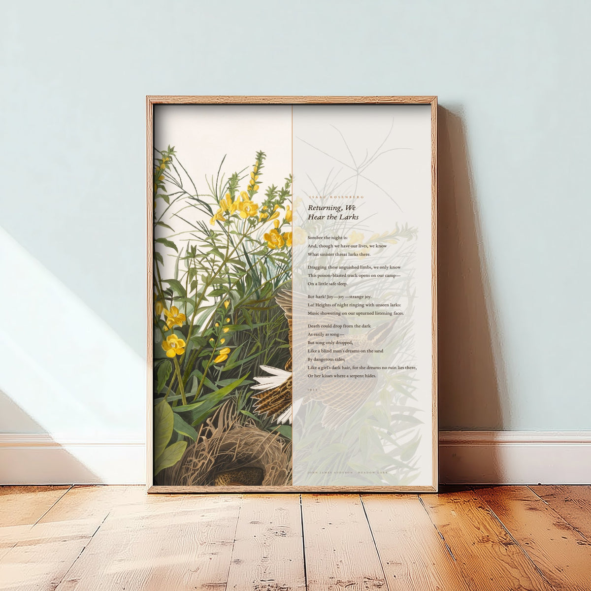 Returning We Hear the Larks by Isaac Rosenberg Art Print - Full Poem beside Audubon Meadow Lark Illustration - War Poetry Poster
