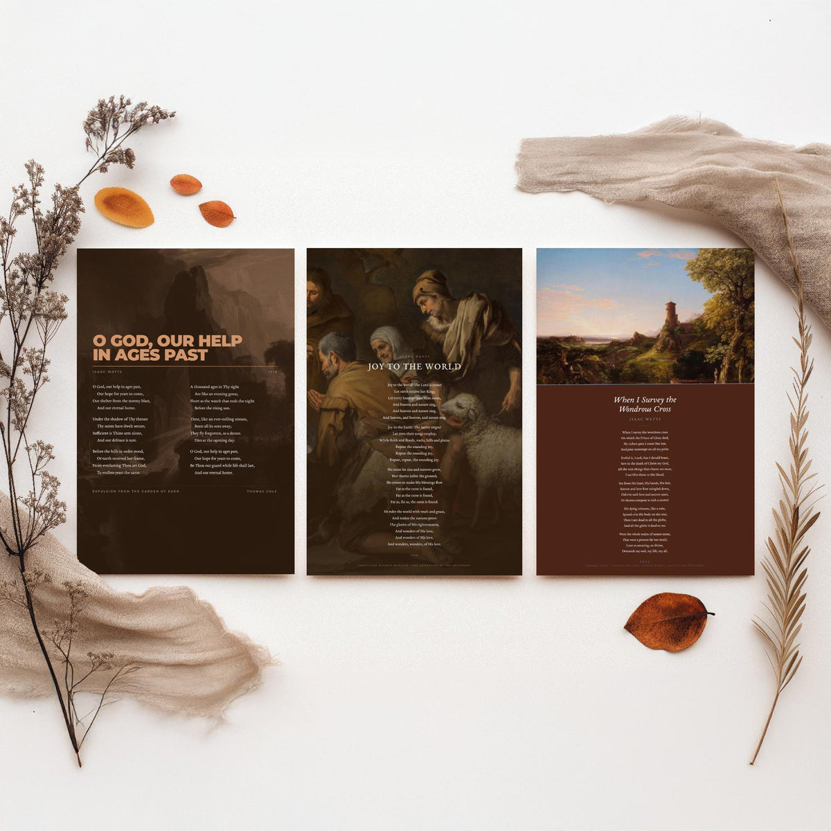 Isaac Watts Hymns Set of Three Art Prints - Joy to the World, When I Survey the Wondrous Cross - Hymn Texts over Classic Paintings - Poster
