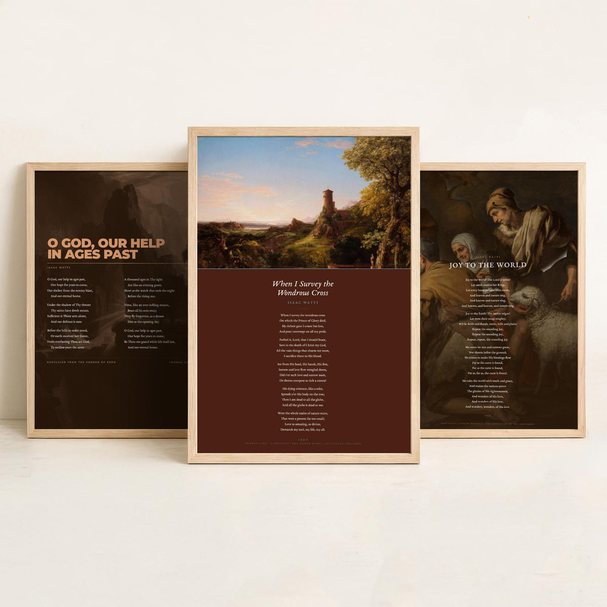 Isaac Watts Hymns Set of Three Art Prints - Joy to the World, When I Survey the Wondrous Cross - Hymn Texts over Classic Paintings - Poster