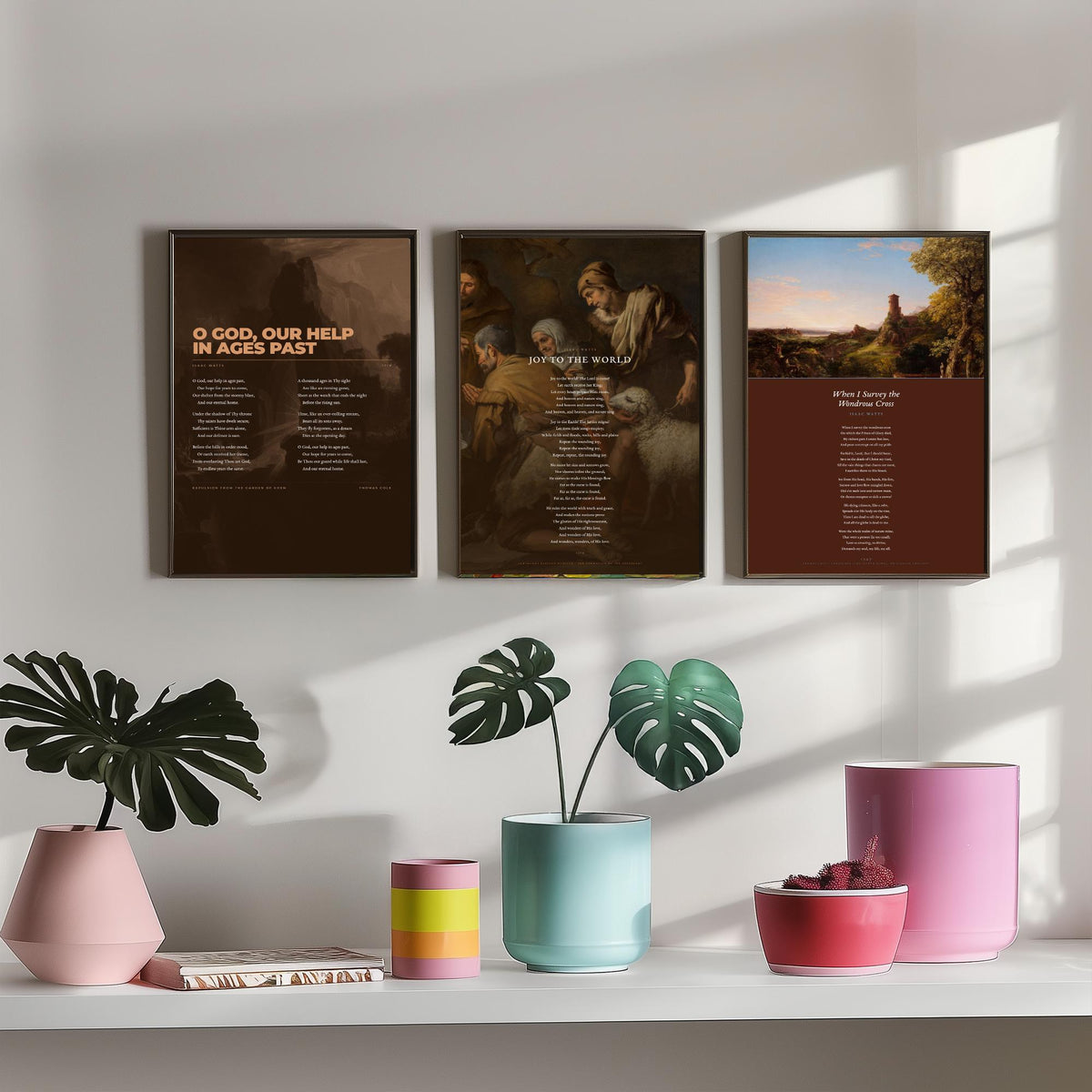 Isaac Watts Hymns Set of Three Art Prints - Joy to the World, When I Survey the Wondrous Cross - Hymn Texts over Classic Paintings - Poster