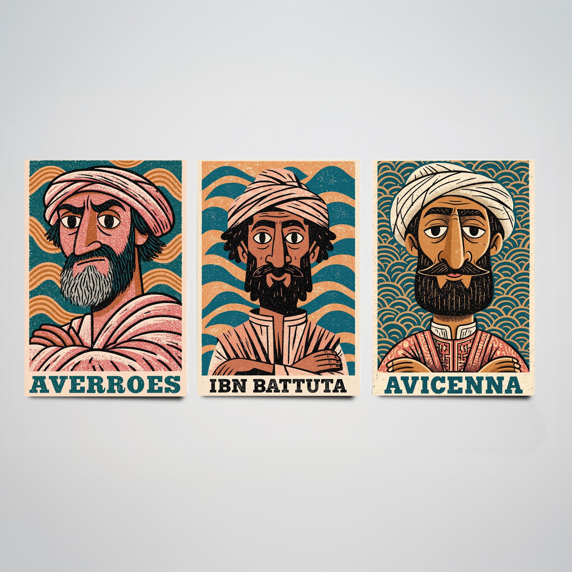 Islamic Golden Age Set of Three Art Prints - Averroes, Ibn Battuta, Avicenna - History Poster Wall Art Gift Illustration