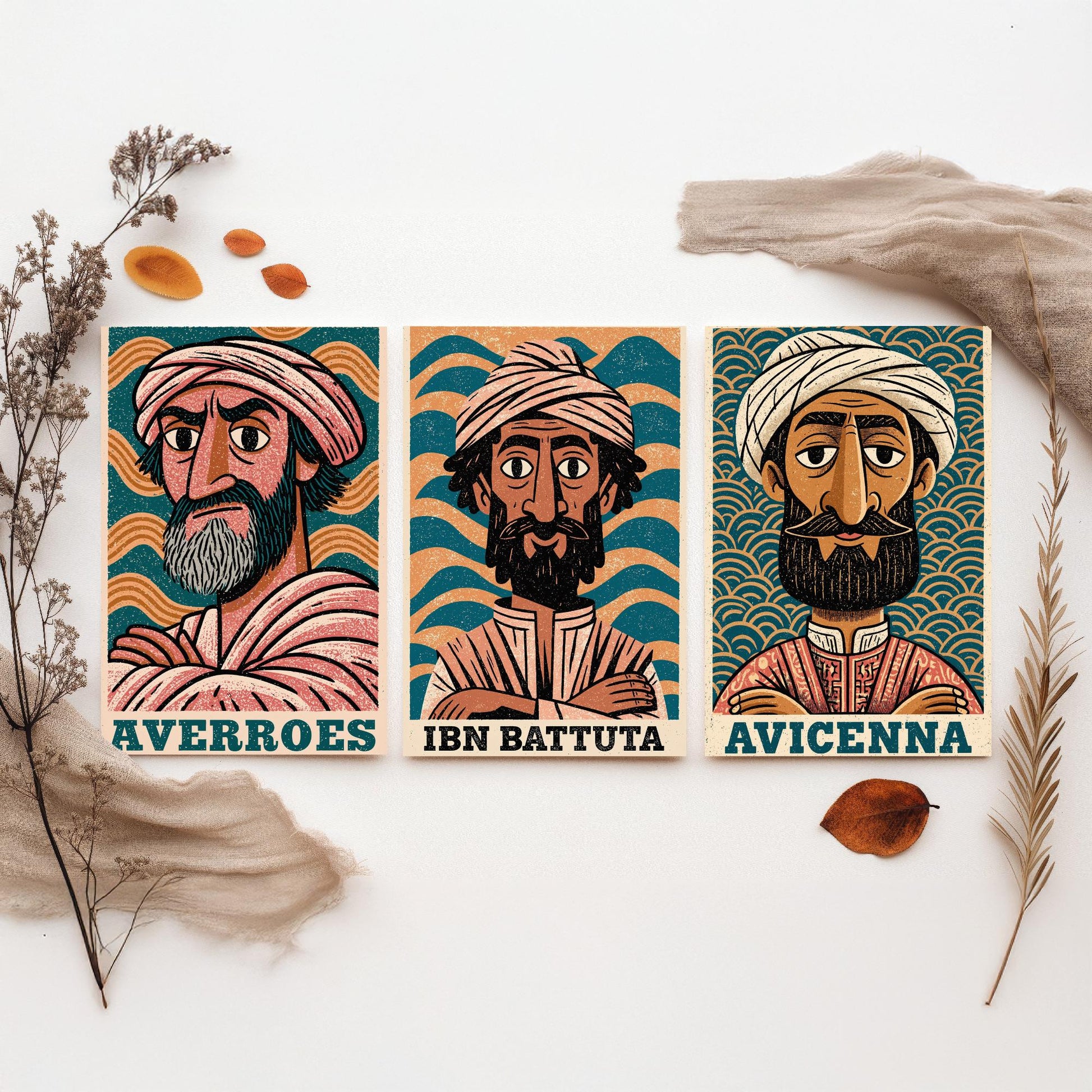 Islamic Golden Age Set of Three Art Prints - Averroes, Ibn Battuta, Avicenna - History Poster Wall Art Gift Illustration