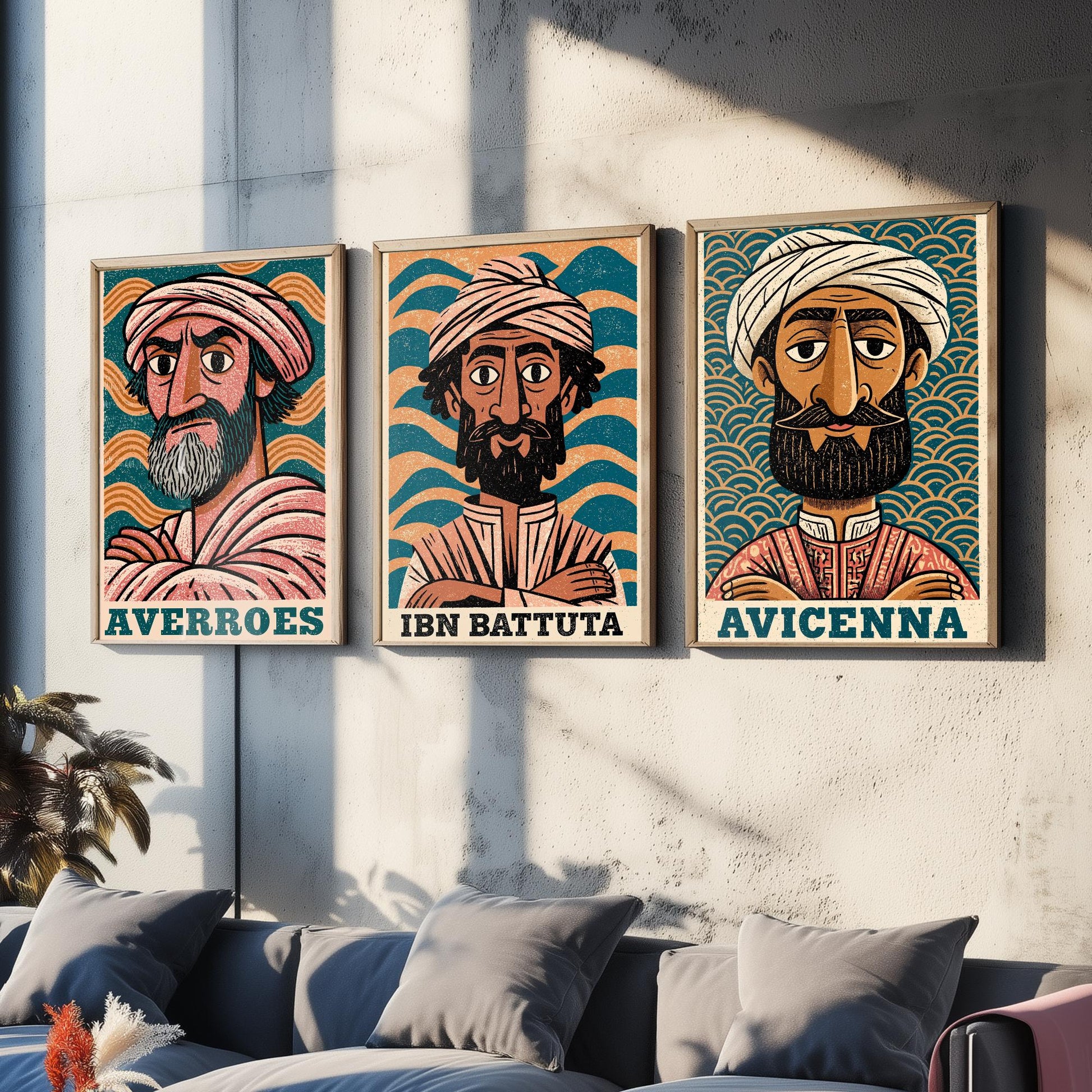 Islamic Golden Age Set of Three Art Prints - Averroes, Ibn Battuta, Avicenna - History Poster Wall Art Gift Illustration