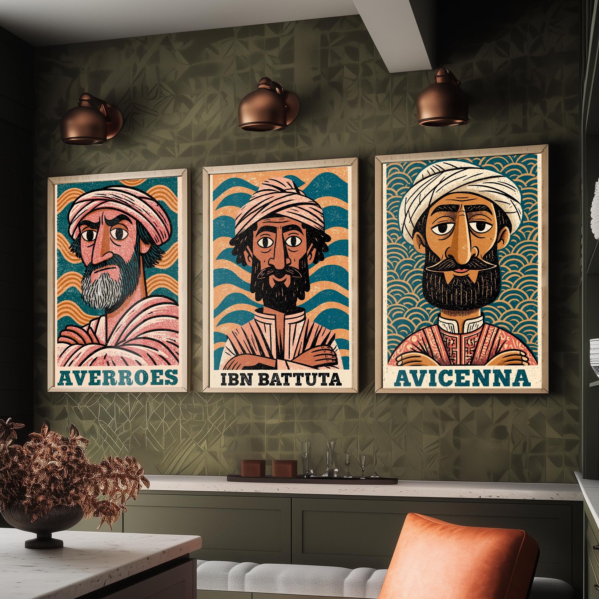 Islamic Golden Age Set of Three Art Prints - Averroes, Ibn Battuta, Avicenna - History Poster Wall Art Gift Illustration