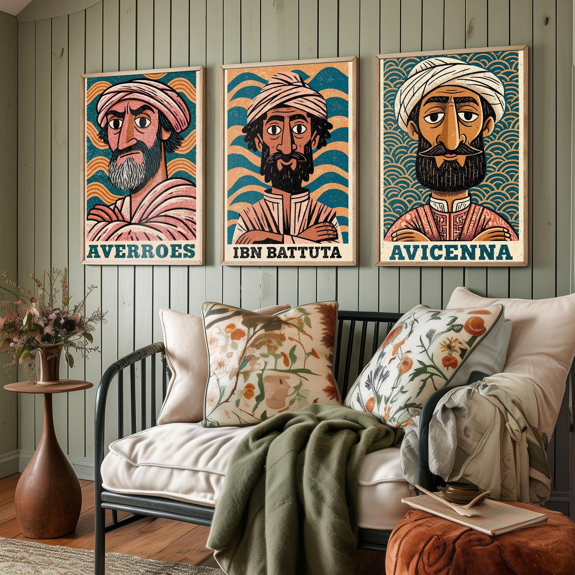 Islamic Golden Age Set of Three Art Prints - Averroes, Ibn Battuta, Avicenna - History Poster Wall Art Gift Illustration
