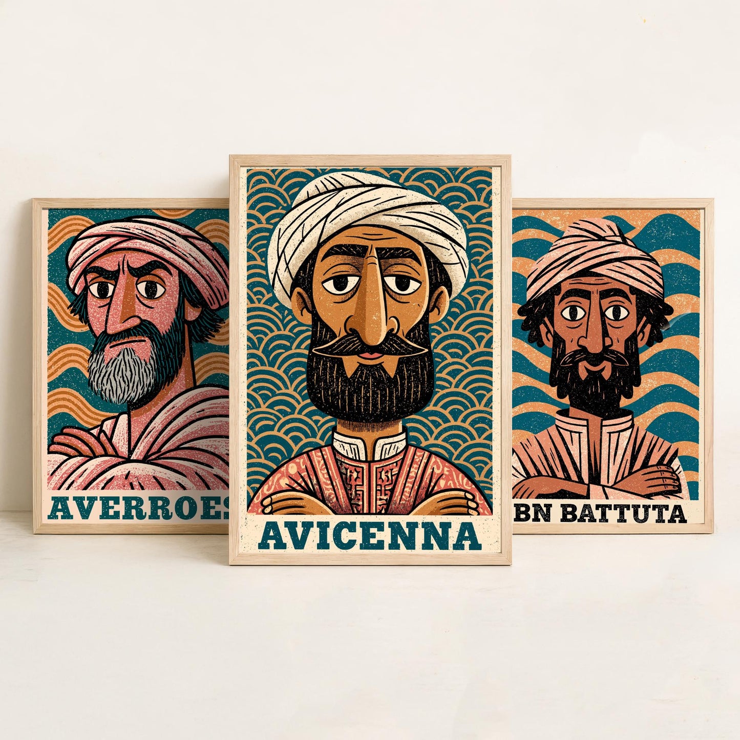 Islamic Golden Age Set of Three Art Prints - Averroes, Ibn Battuta, Avicenna - History Poster Wall Art Gift Illustration