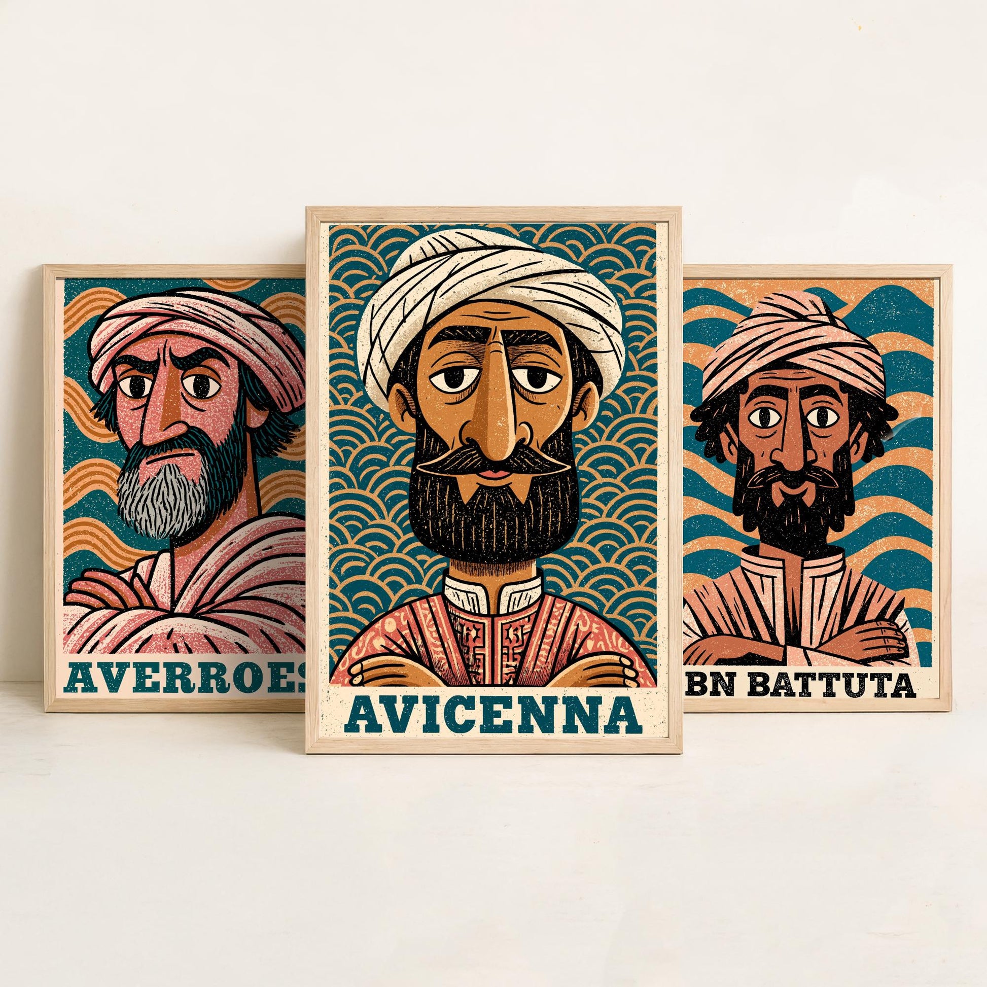 Islamic Golden Age Set of Three Art Prints - Averroes, Ibn Battuta, Avicenna - History Poster Wall Art Gift Illustration