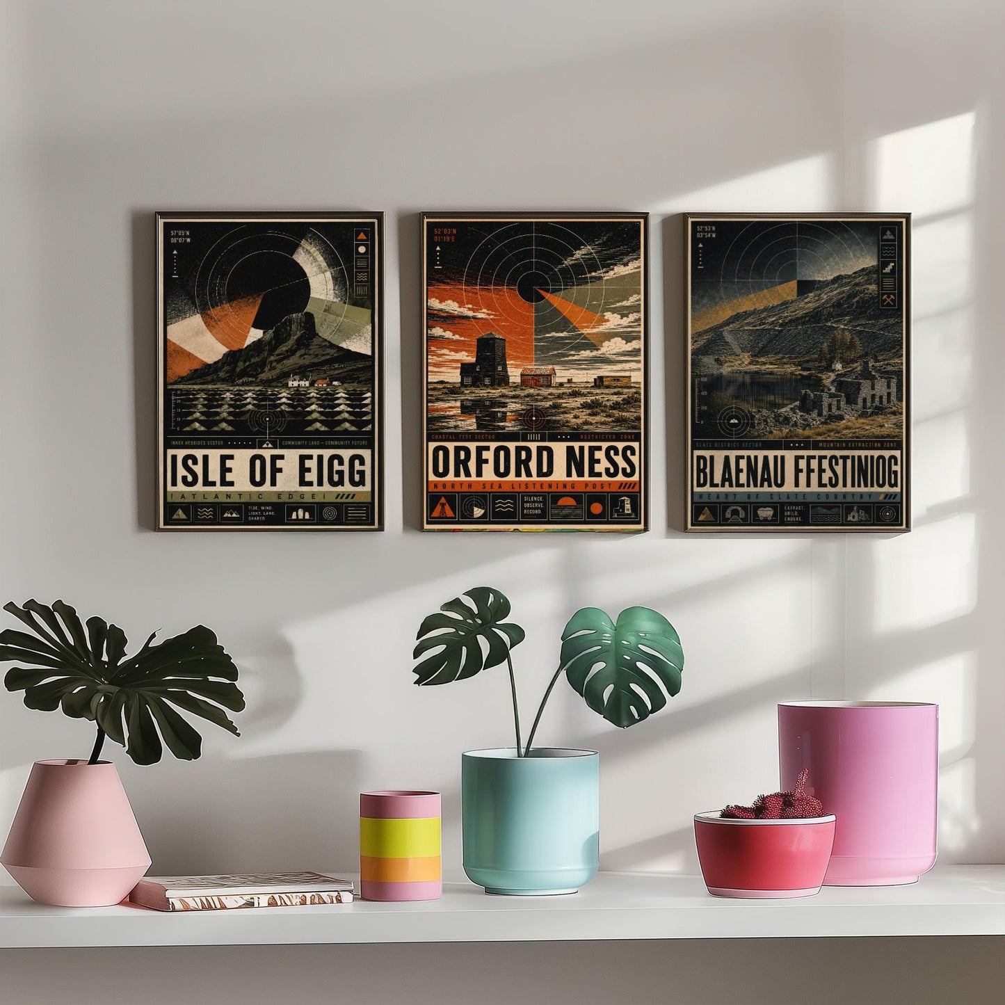 Set of Three Travel Posters - Isle of Eigg, Orford Ness, Blaenau Ffestiniog - Retro Art Print Illustration Gift Wall Decor
