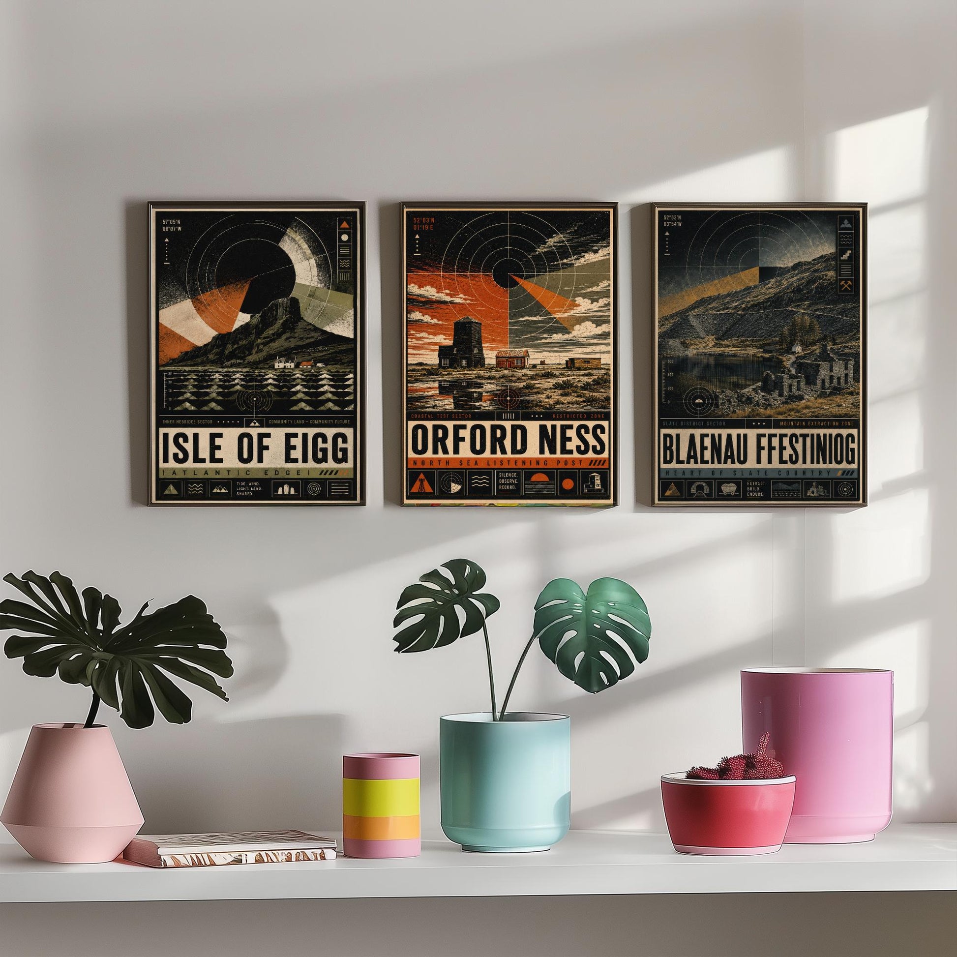 Set of Three Travel Posters - Isle of Eigg, Orford Ness, Blaenau Ffestiniog - Retro Art Print Illustration Gift Wall Decor