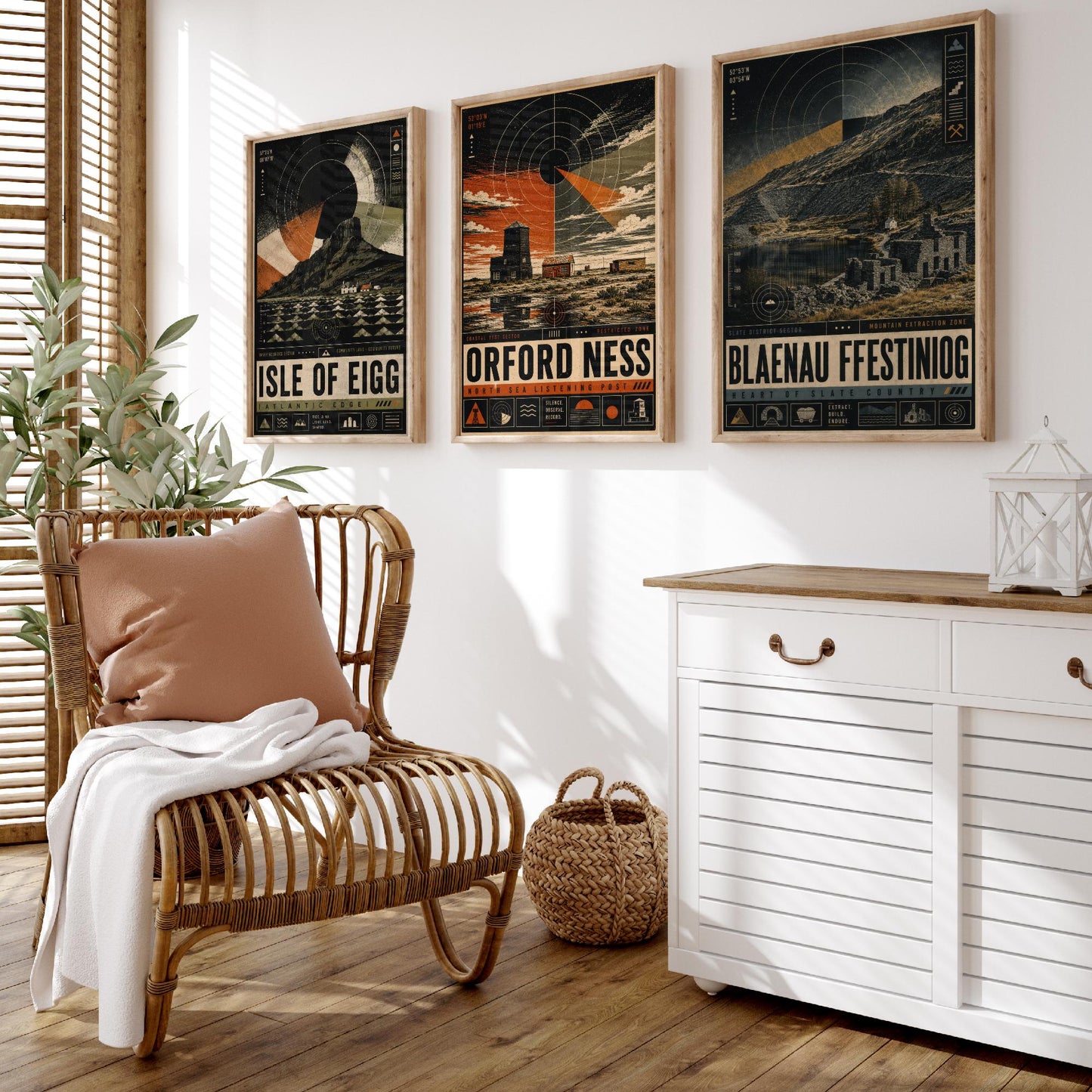 Set of Three Travel Posters - Isle of Eigg, Orford Ness, Blaenau Ffestiniog - Retro Art Print Illustration Gift Wall Decor