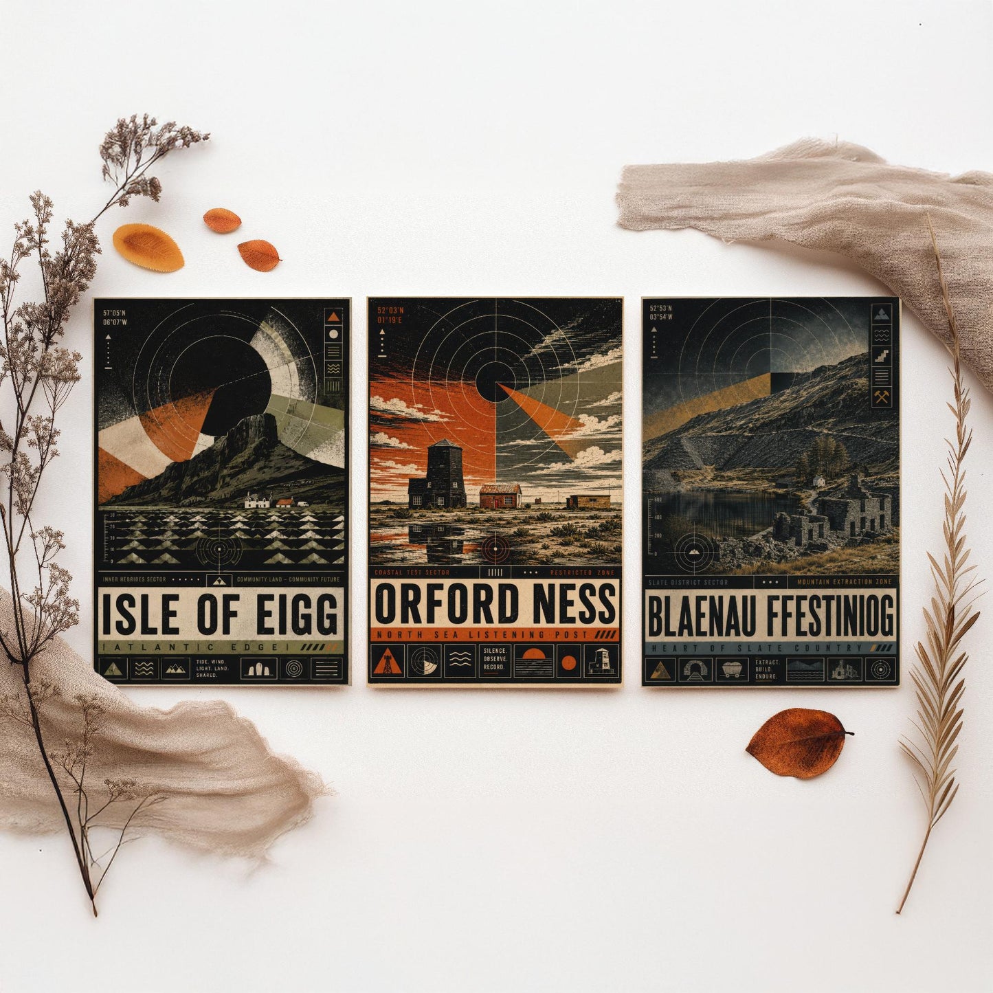 Set of Three Travel Posters - Isle of Eigg, Orford Ness, Blaenau Ffestiniog - Retro Art Print Illustration Gift Wall Decor