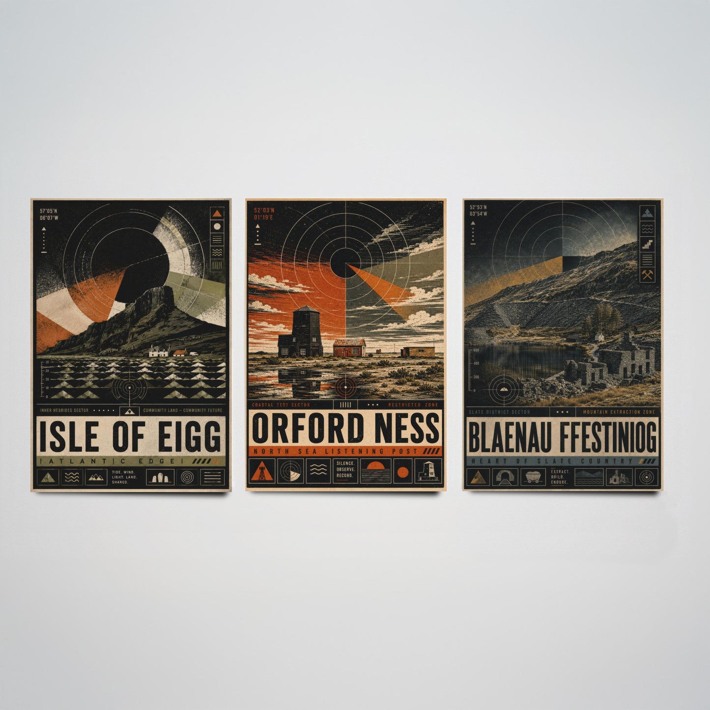 Set of Three Travel Posters - Isle of Eigg, Orford Ness, Blaenau Ffestiniog - Retro Art Print Illustration Gift Wall Decor