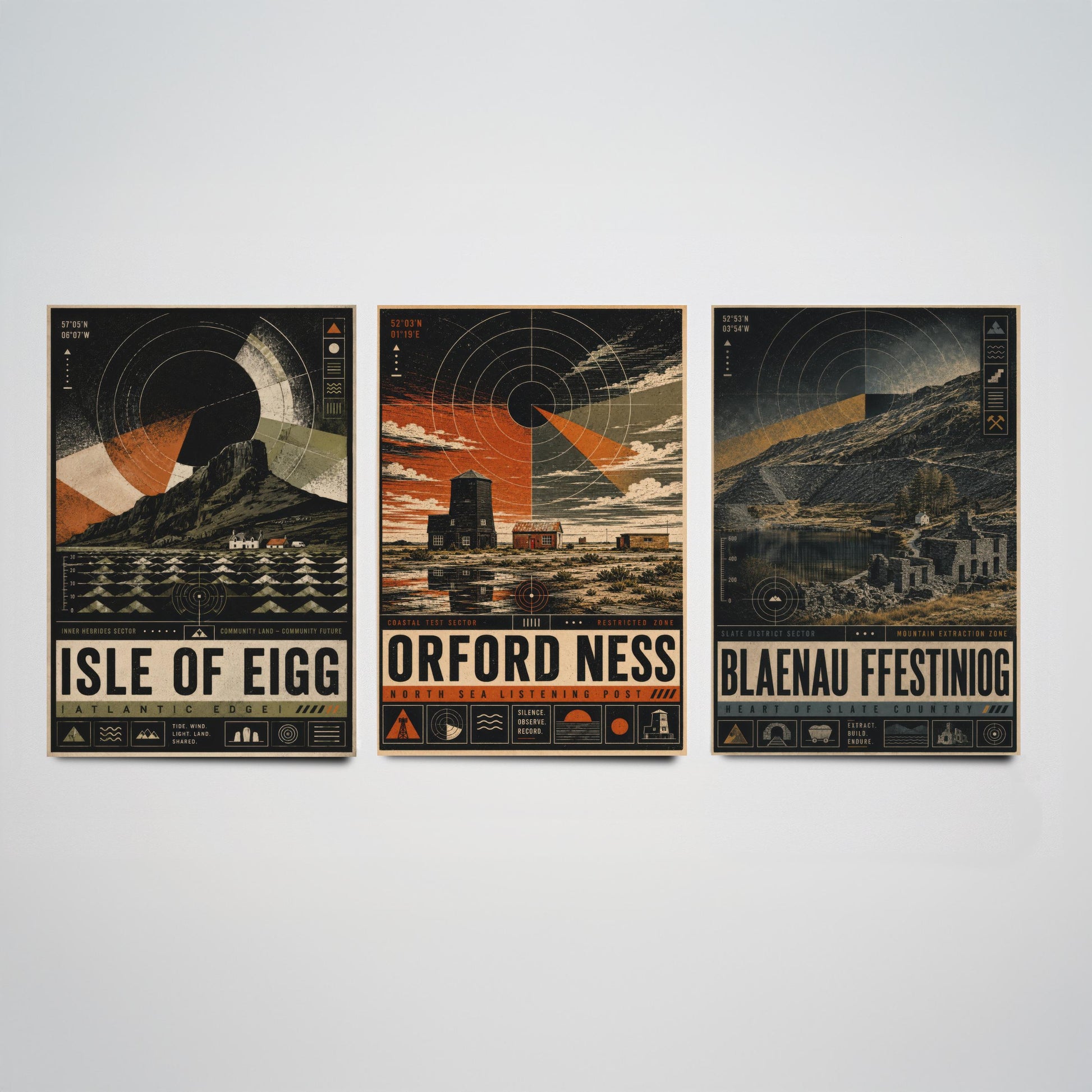 Set of Three Travel Posters - Isle of Eigg, Orford Ness, Blaenau Ffestiniog - Retro Art Print Illustration Gift Wall Decor