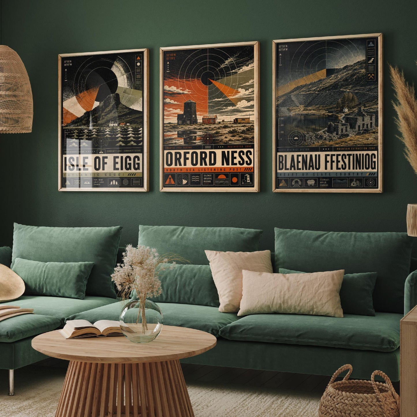 Set of Three Travel Posters - Isle of Eigg, Orford Ness, Blaenau Ffestiniog - Retro Art Print Illustration Gift Wall Decor