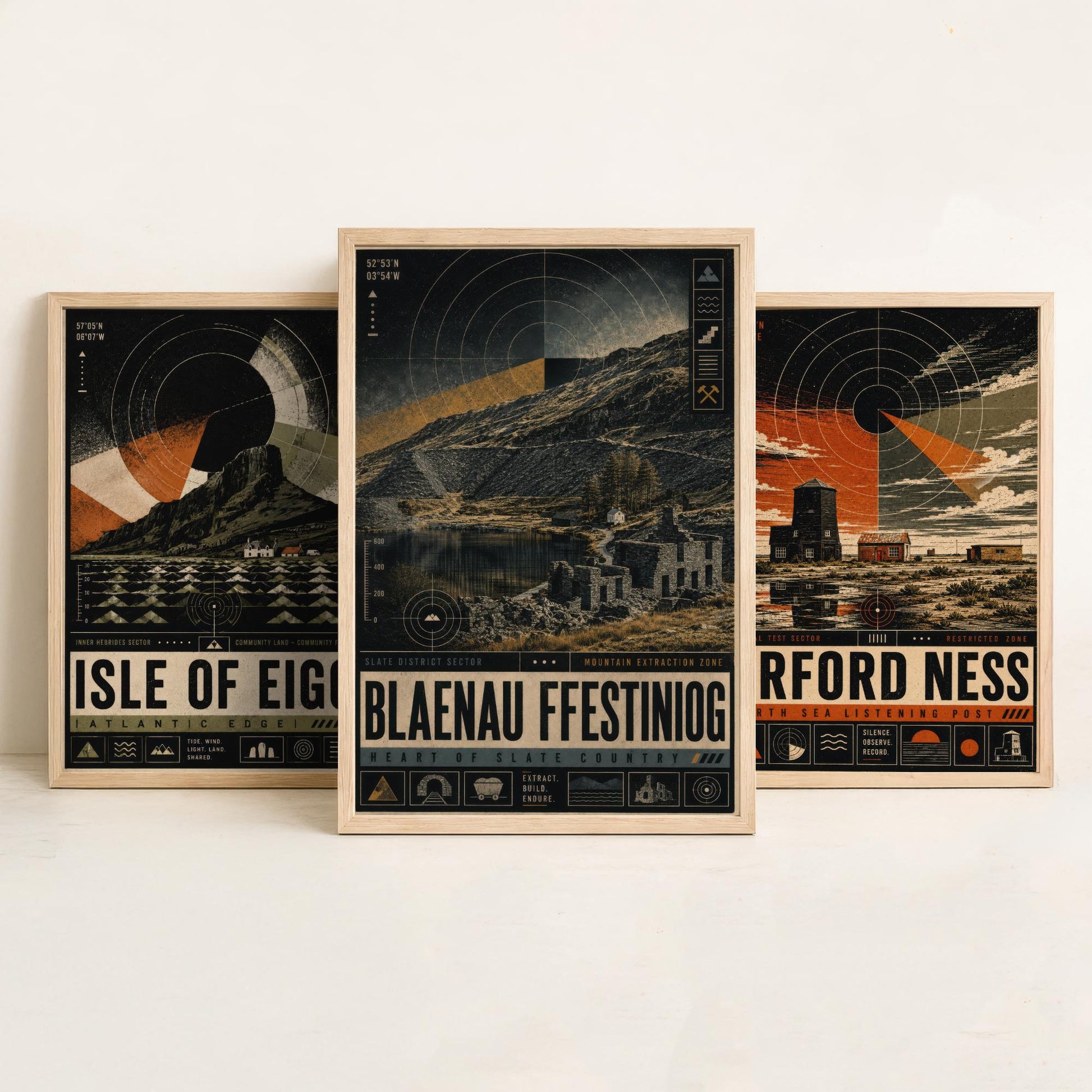 Set of Three Travel Posters - Isle of Eigg, Orford Ness, Blaenau Ffestiniog - Retro Art Print Illustration Gift Wall Decor