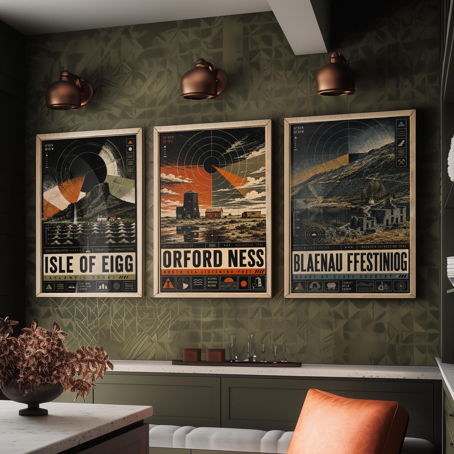 Set of Three Travel Posters - Isle of Eigg, Orford Ness, Blaenau Ffestiniog - Retro Art Print Illustration Gift Wall Decor