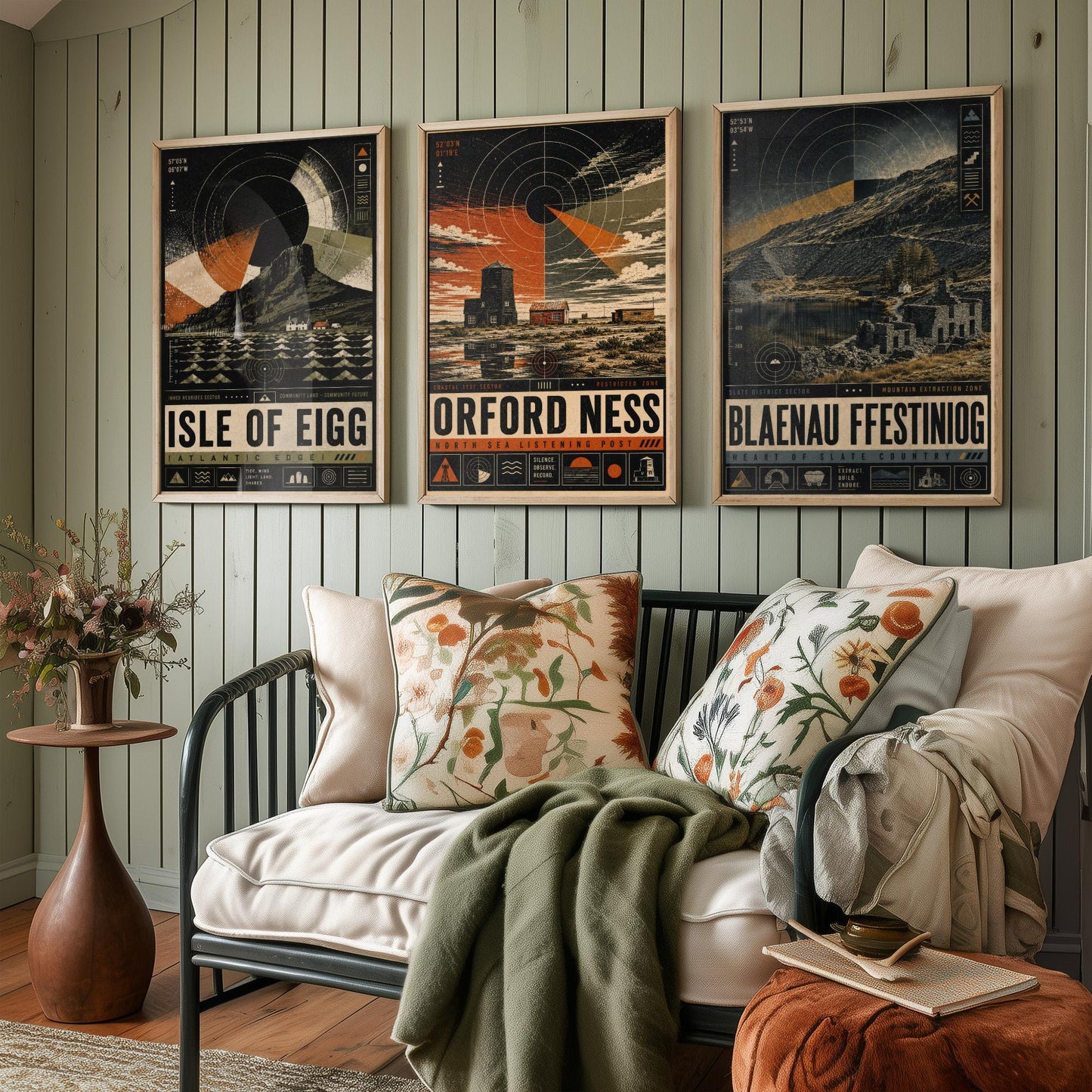 Set of Three Travel Posters - Isle of Eigg, Orford Ness, Blaenau Ffestiniog - Retro Art Print Illustration Gift Wall Decor