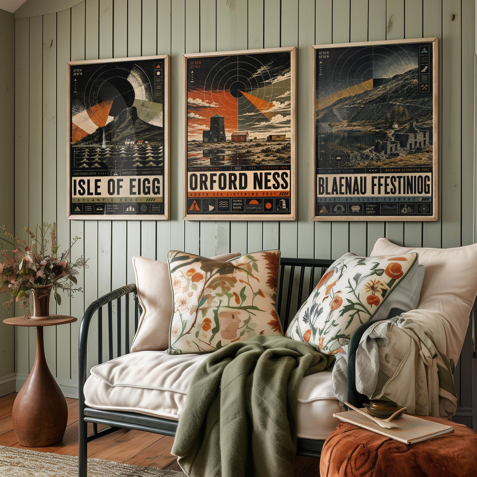 Set of Three Travel Posters - Isle of Eigg, Orford Ness, Blaenau Ffestiniog - Retro Art Print Illustration Gift Wall Decor